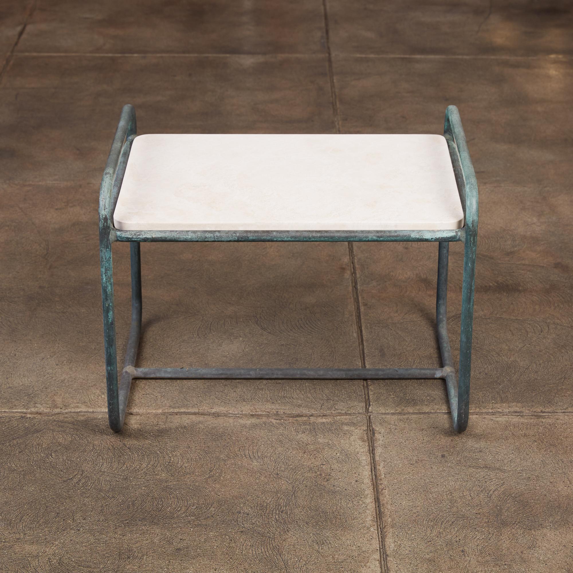 Patinated Walter Lamb for Brown Jordan Bronze Patio Side Table with Travertine Top