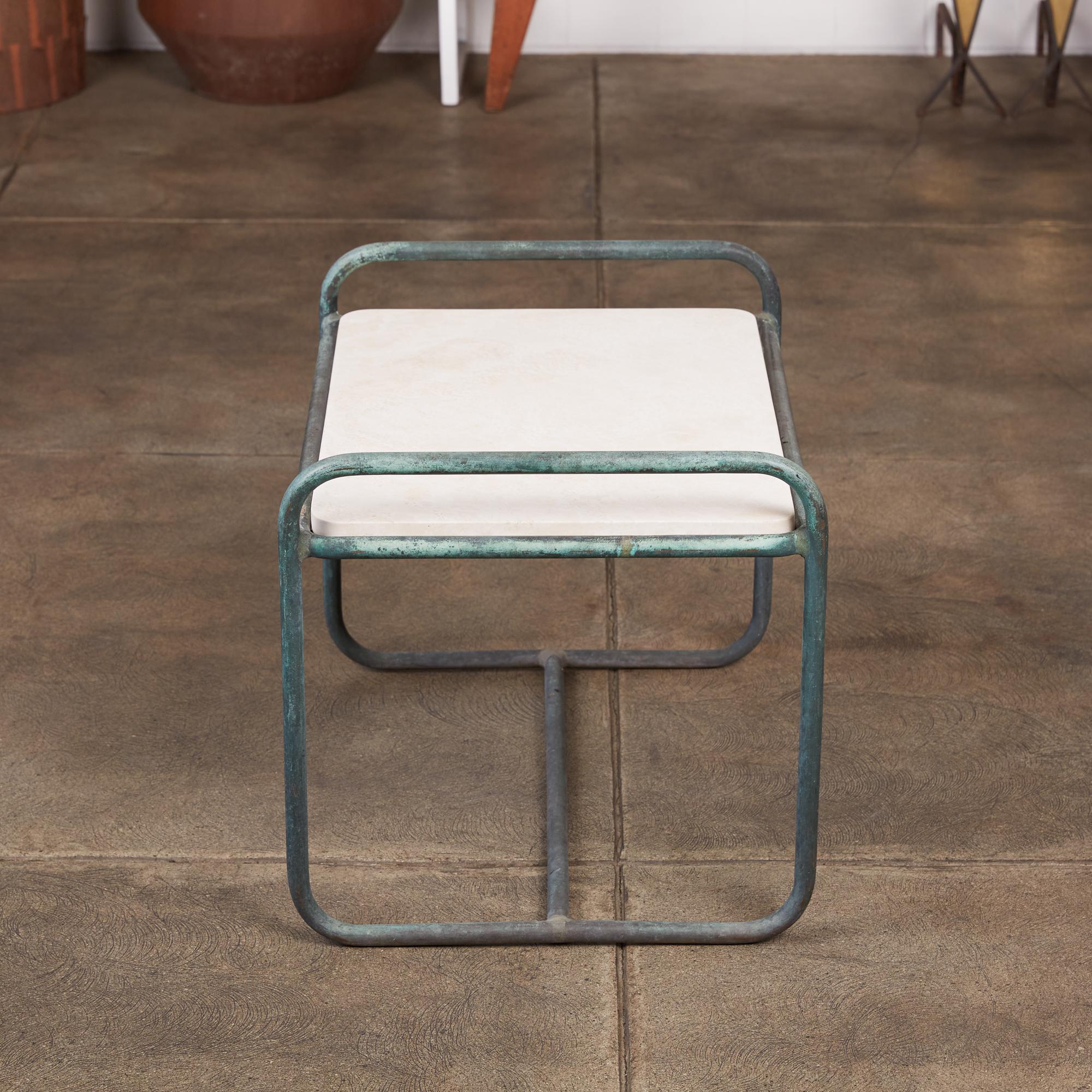 Walter Lamb for Brown Jordan Bronze Patio Side Table with Travertine Top In Excellent Condition In Los Angeles, CA