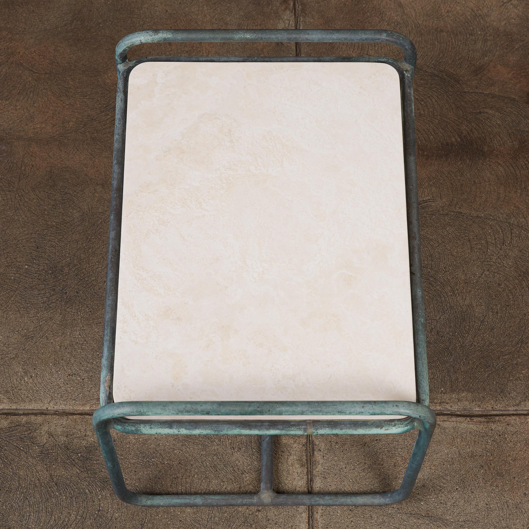20th Century Walter Lamb for Brown Jordan Bronze Patio Side Table with Travertine Top