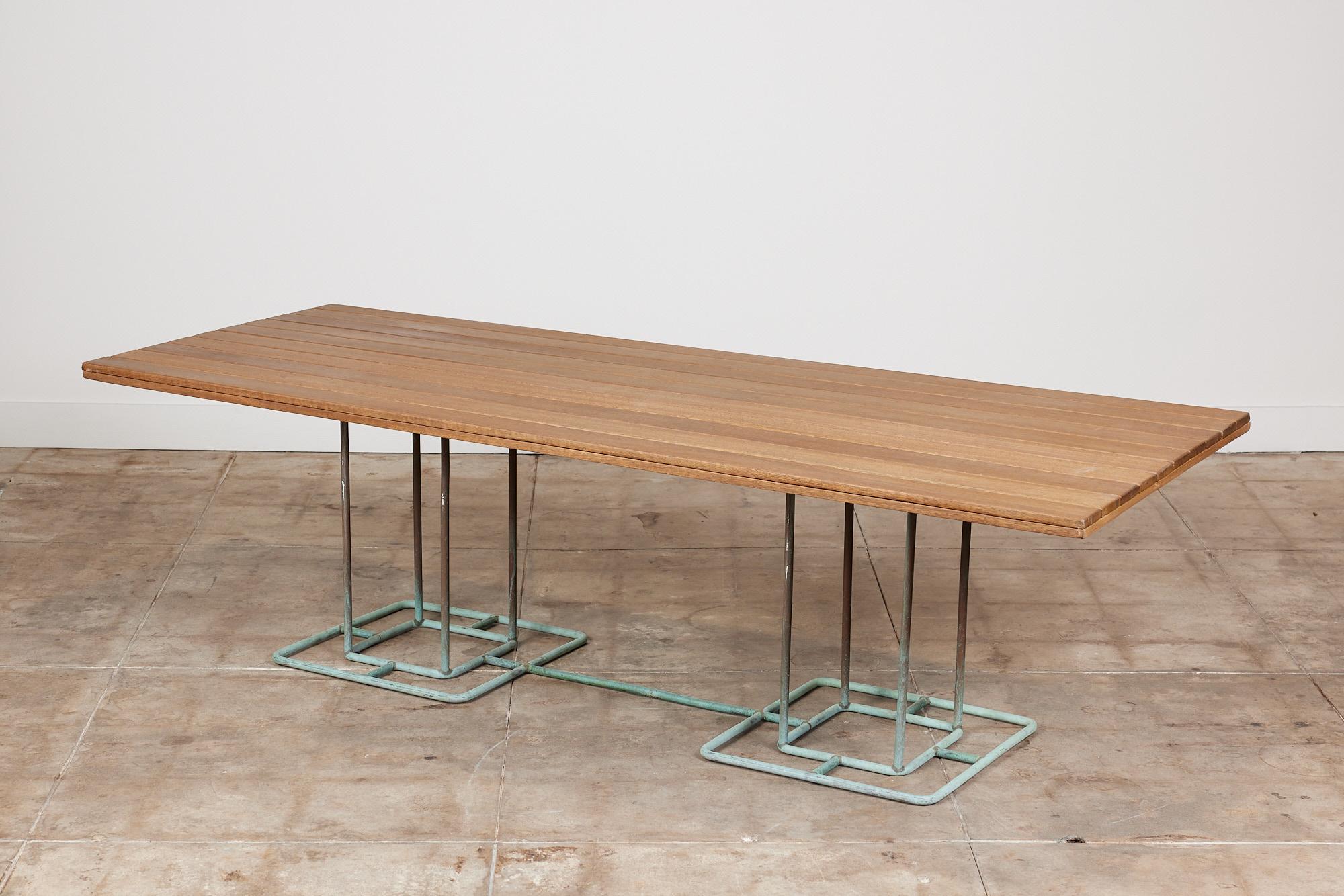 Walter Lamb for Brown Jordan Rectangular Bronze Patio Dining Table with Wood Top 1