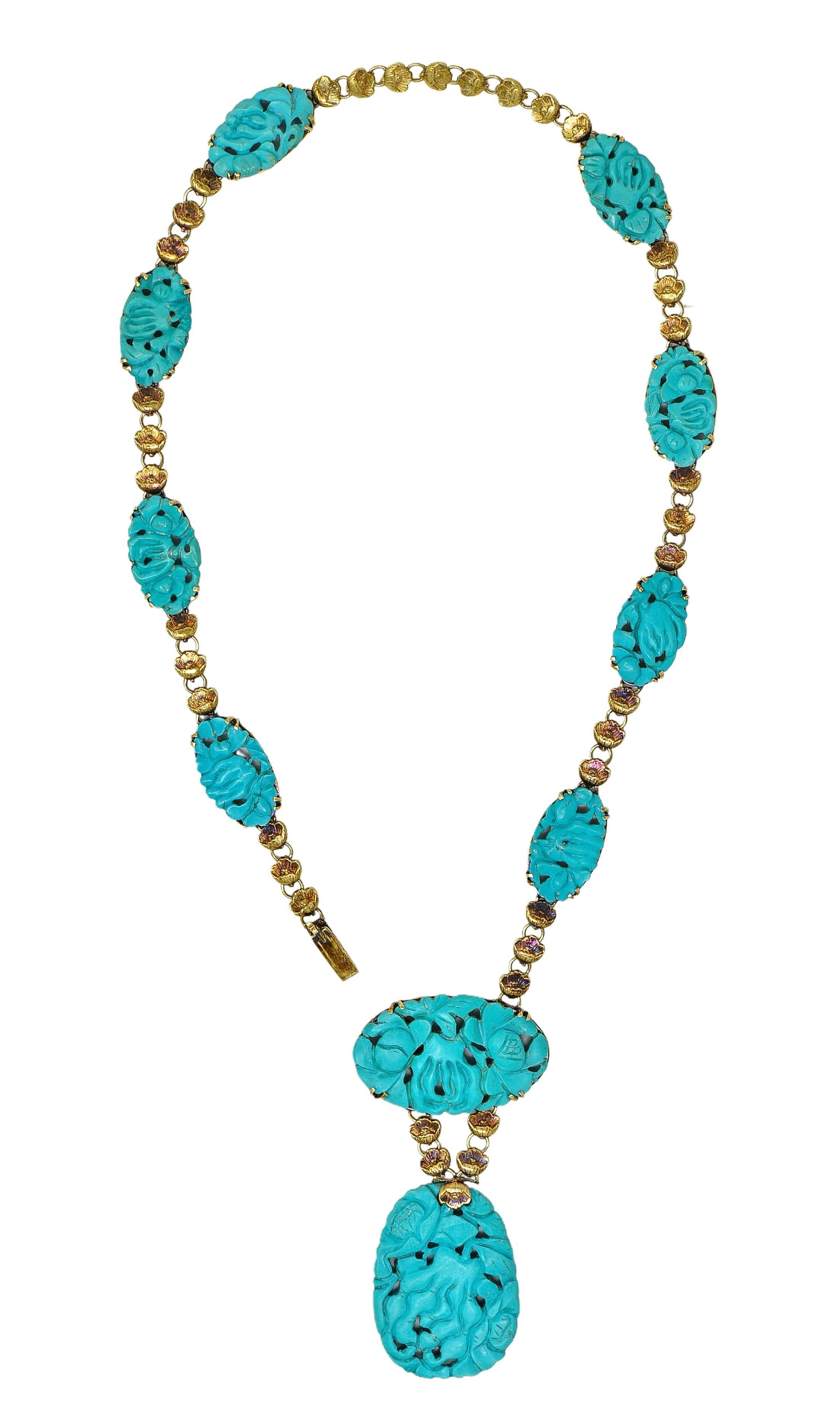 Walter Lampl Collana a goccia floreale in oro antico 14K con turchese liberty in vendita 4
