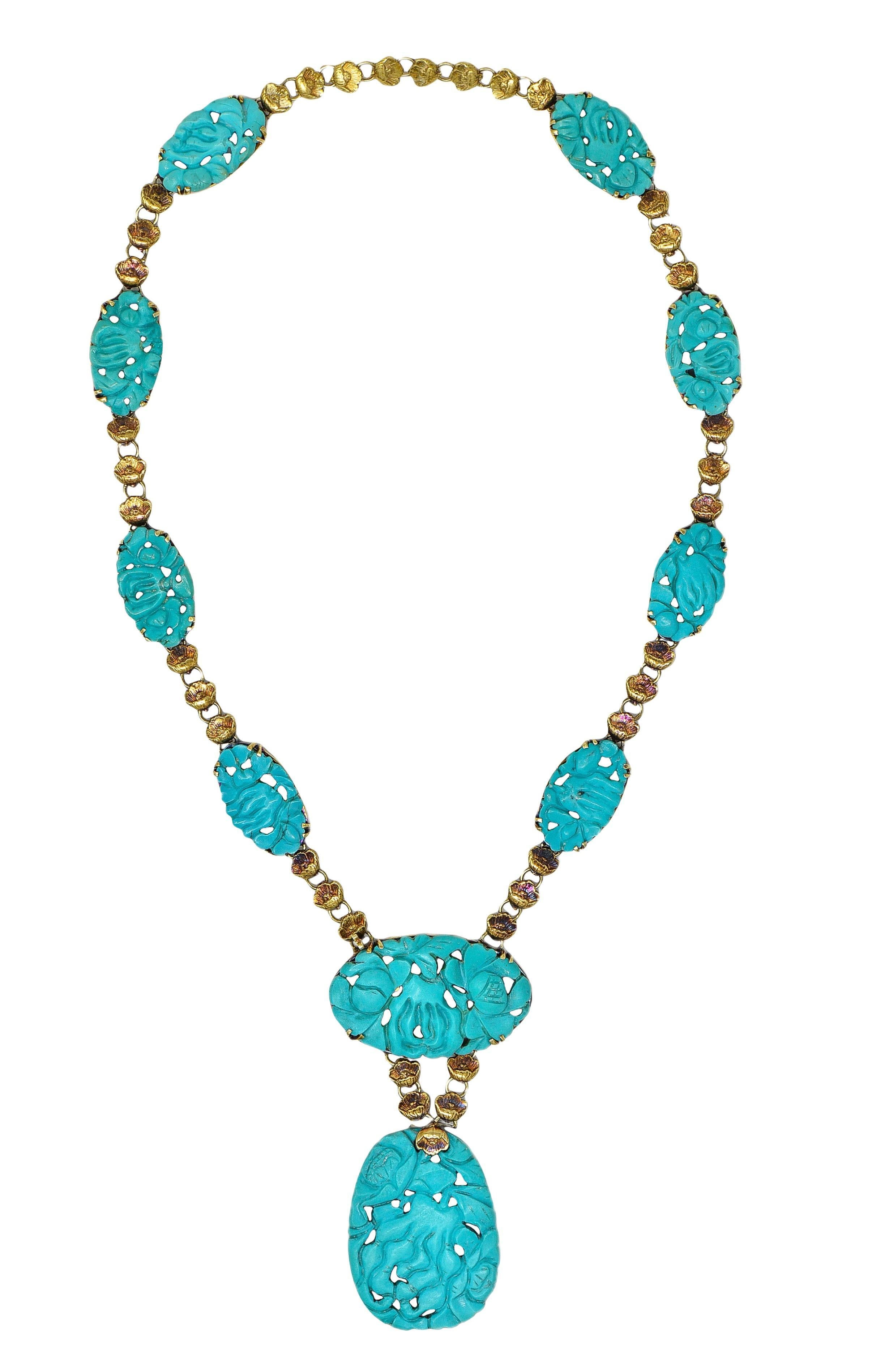 Art Nouveau Walter Lampl Collana a goccia floreale in oro antico 14K con turchese liberty in vendita