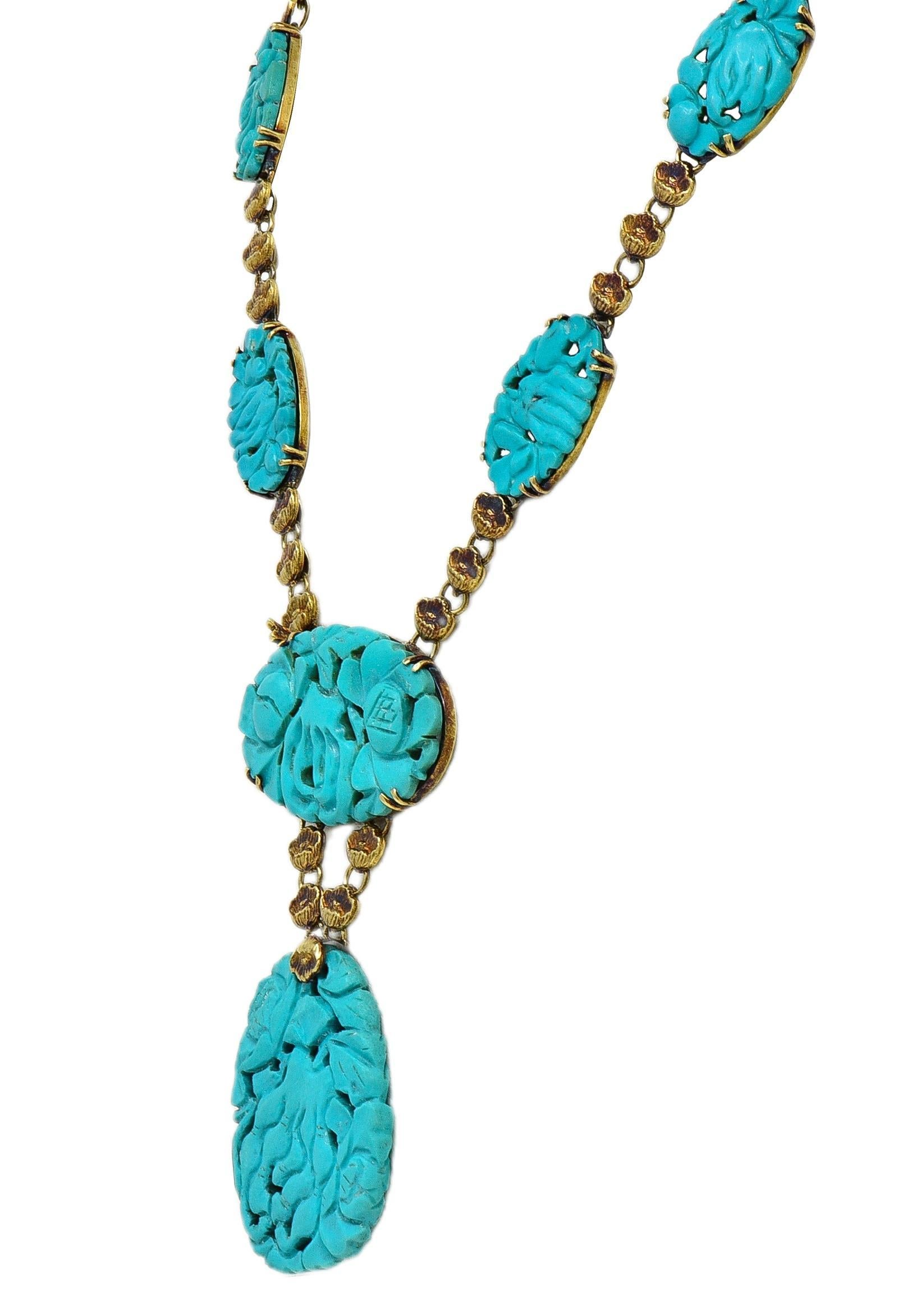 Taglio misto Walter Lampl Collana a goccia floreale in oro antico 14K con turchese liberty in vendita