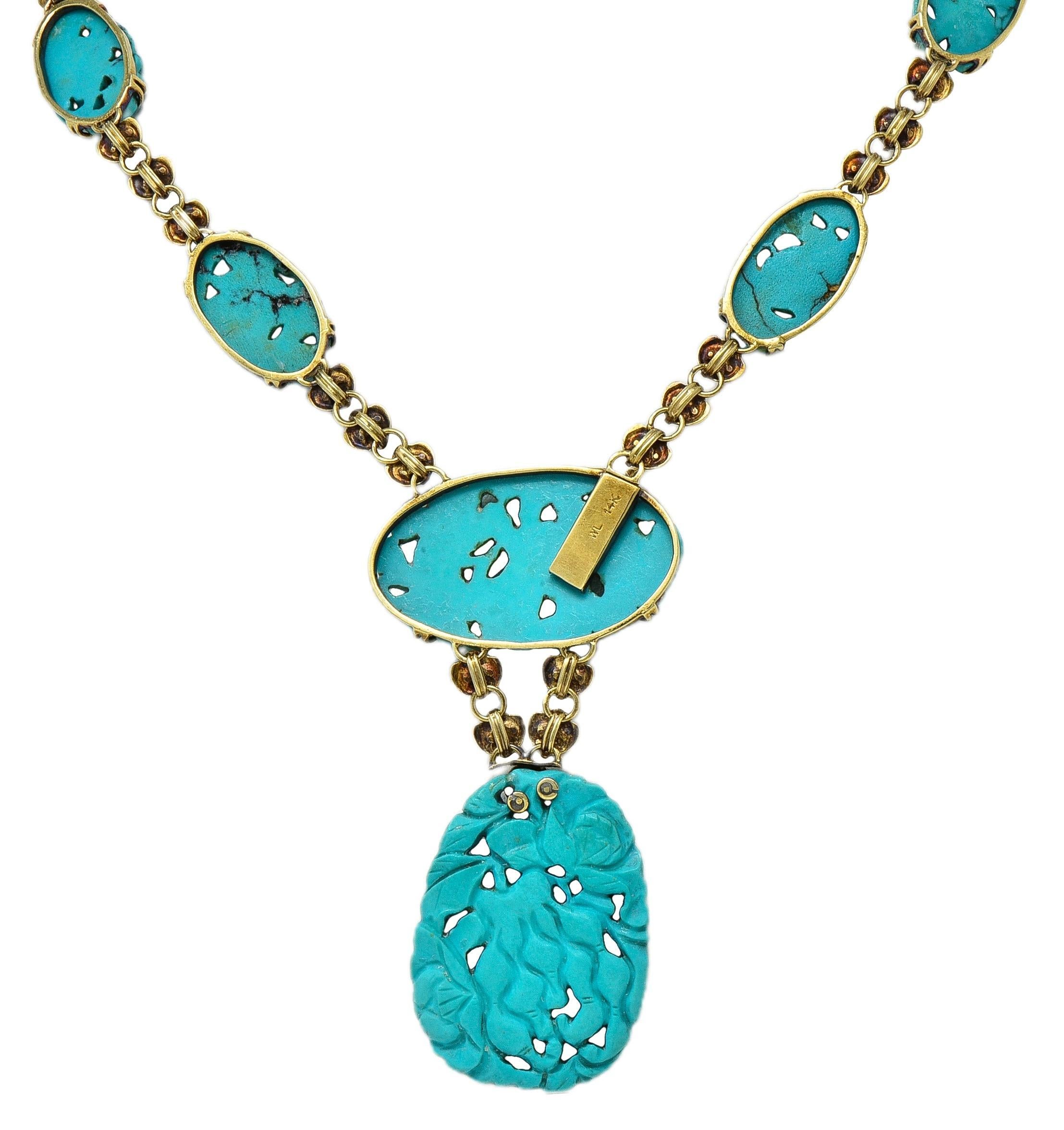 Walter Lampl Collana a goccia floreale in oro antico 14K con turchese liberty In condizioni ottime in vendita a Philadelphia, PA