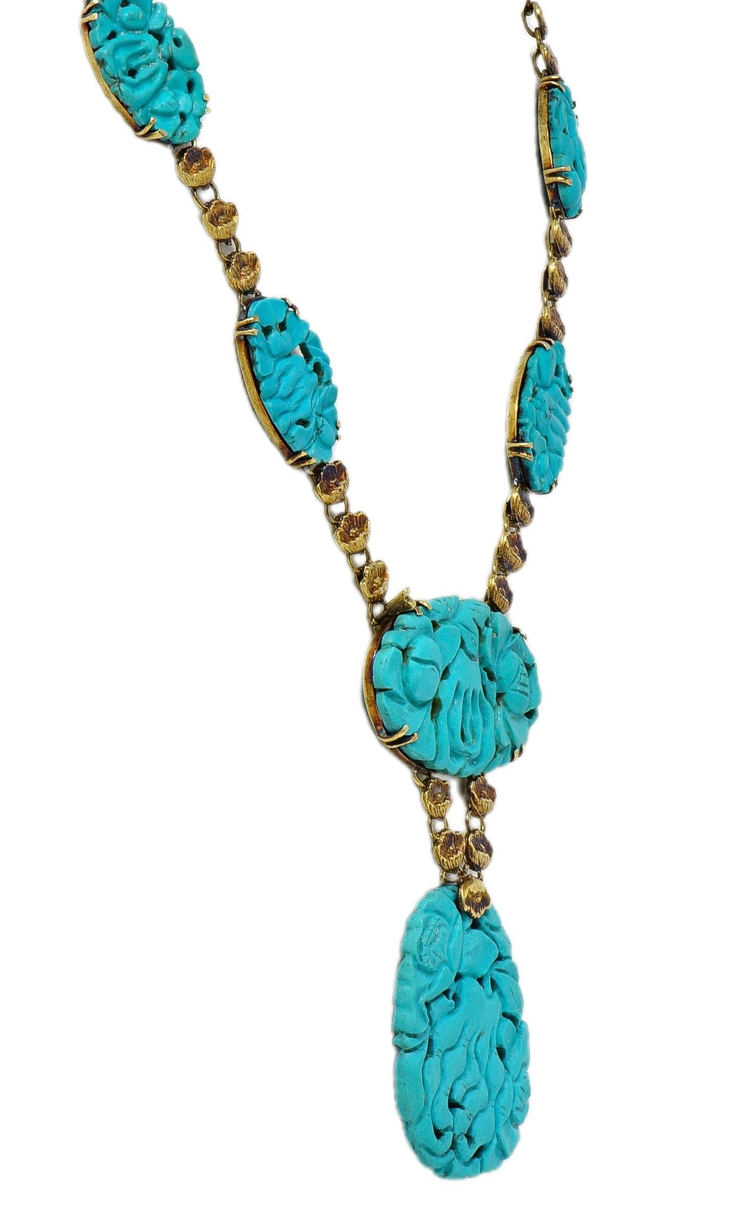 Donna Walter Lampl Collana a goccia floreale in oro antico 14K con turchese liberty in vendita