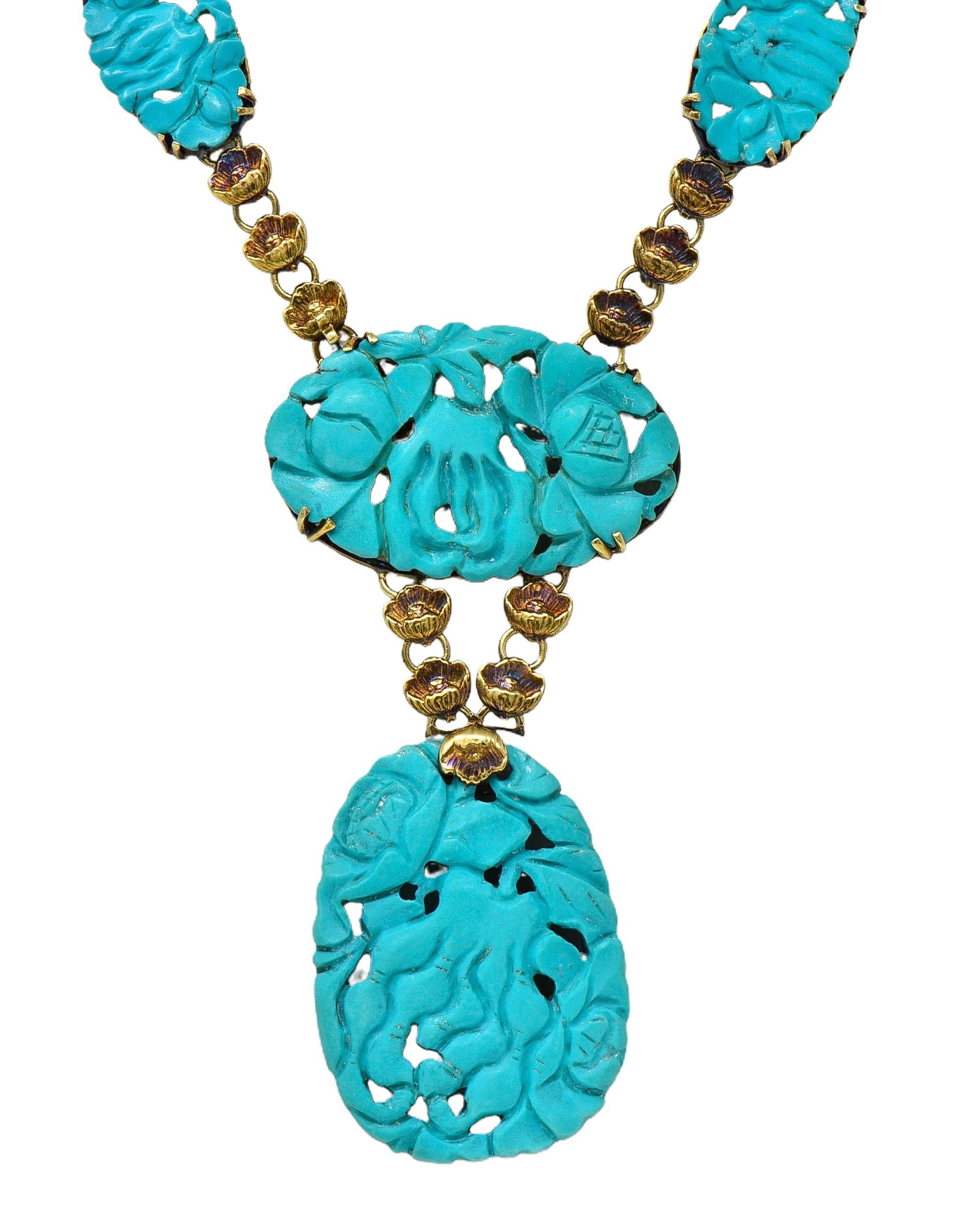 Walter Lampl Collana a goccia floreale in oro antico 14K con turchese liberty in vendita 1
