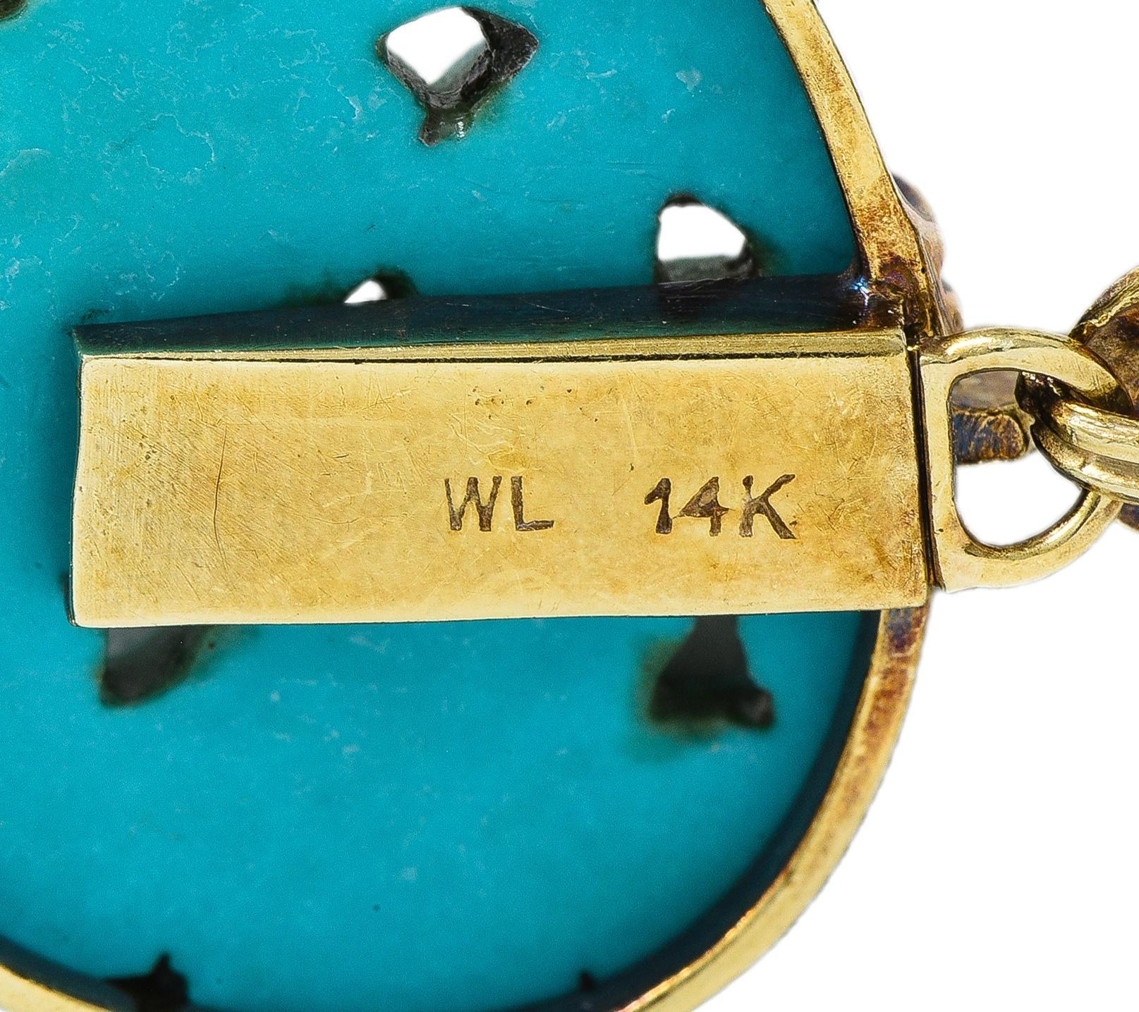 Walter Lampl Collana a goccia floreale in oro antico 14K con turchese liberty in vendita 2