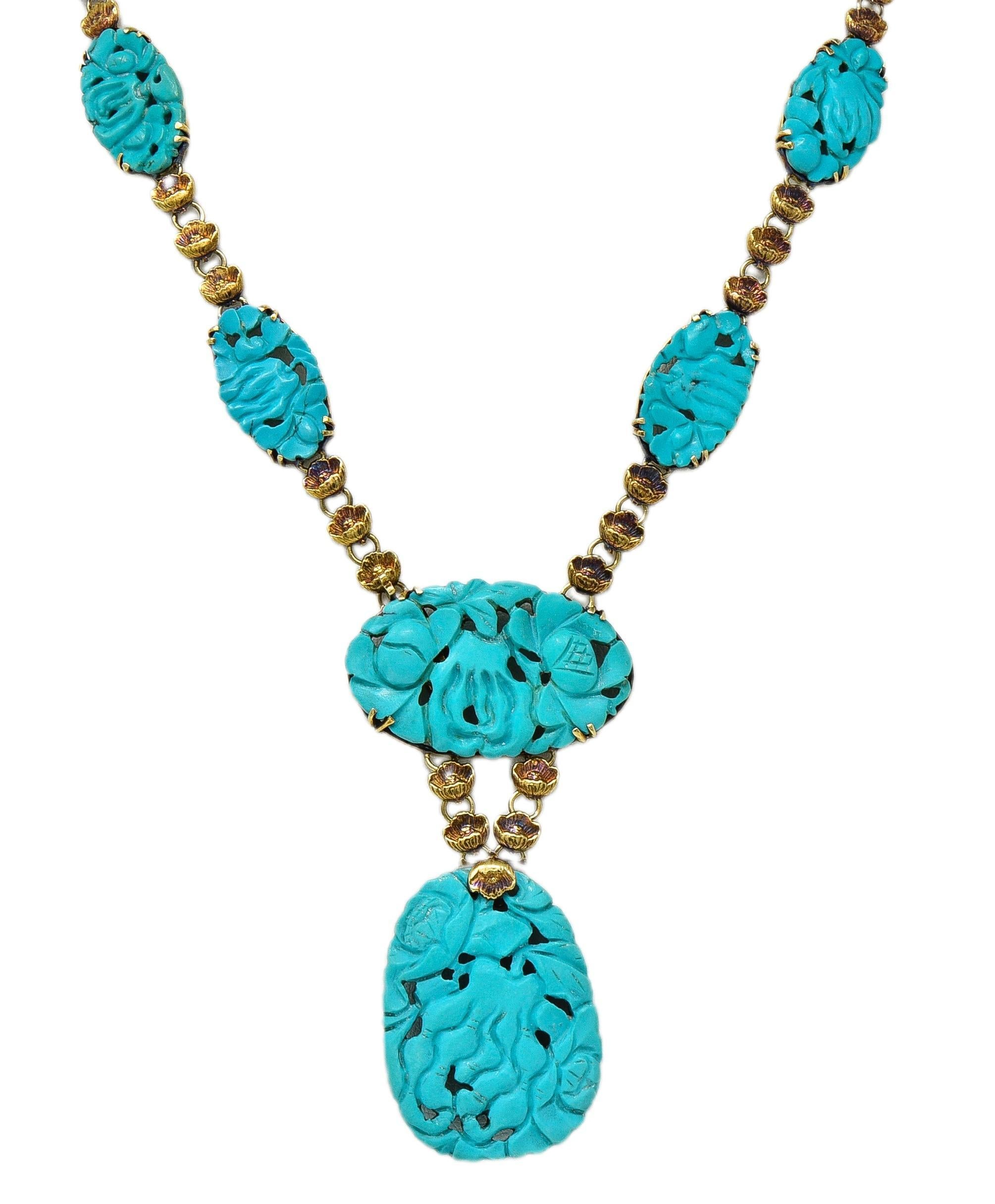 Walter Lampl Collana a goccia floreale in oro antico 14K con turchese liberty in vendita 3