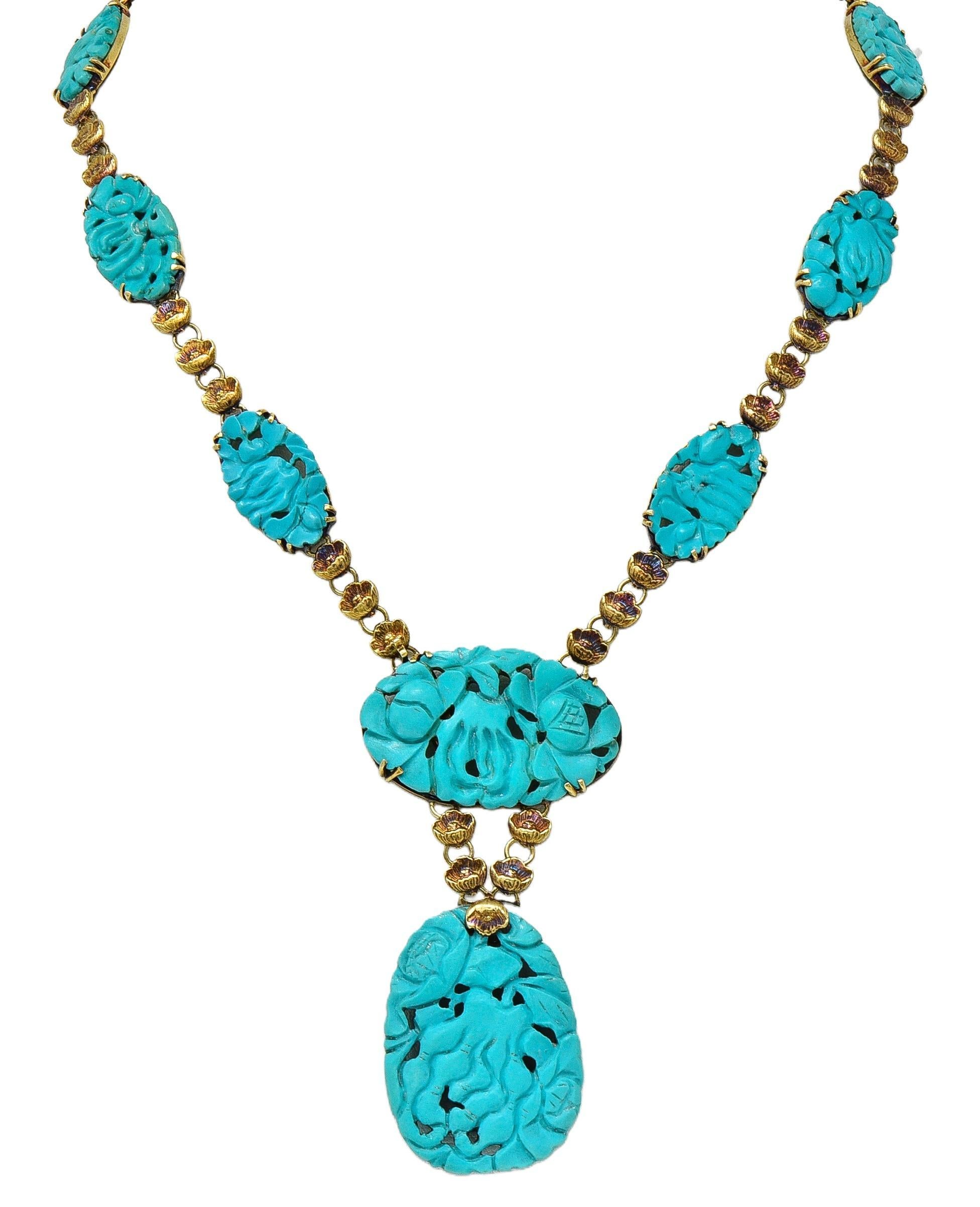 Walter Lampl Collana a goccia floreale in oro antico 14K con turchese liberty