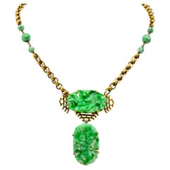 Walter Lampl Retro Jade Collier à gouttes en or jaune 14 carats