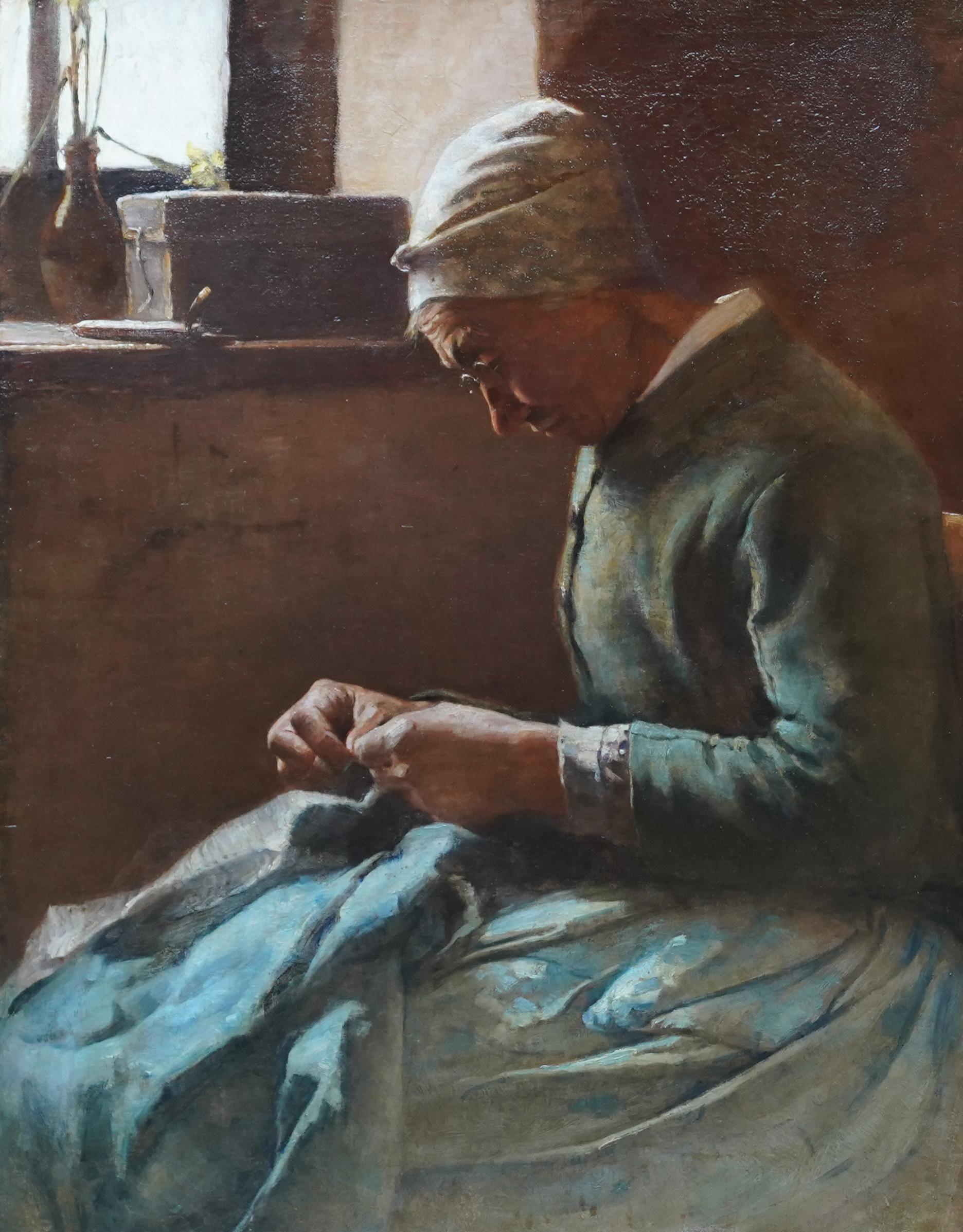 Portrait of a Lady Sewing - British 19th century art Newlyn School oil painting For Sale 4