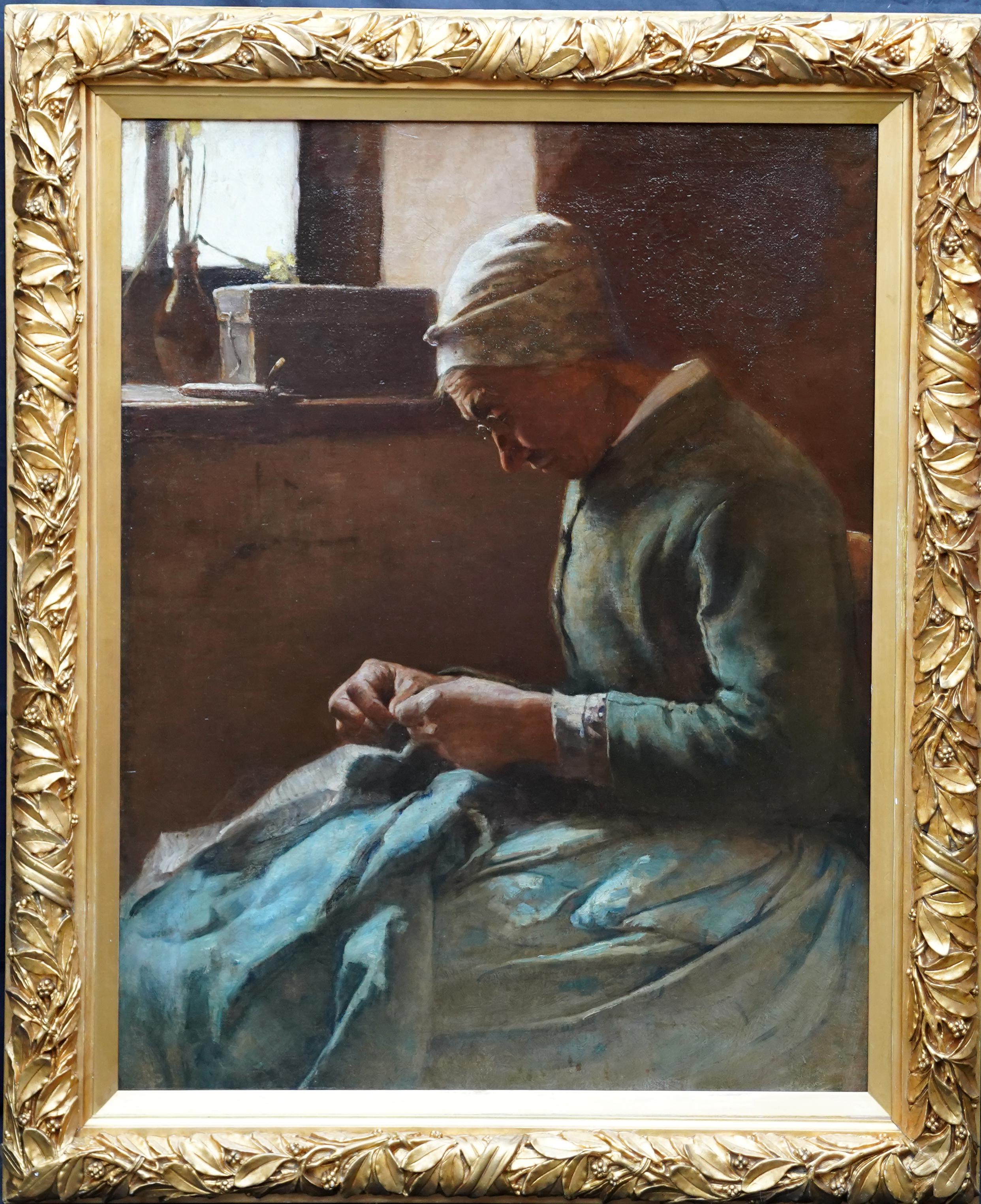 Portrait of a Lady Sewing - British 19th century art Newlyn School oil painting For Sale 5