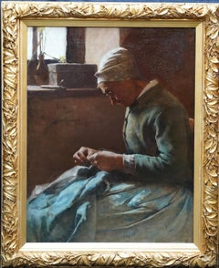 Antique Portrait of a Lady Sewing - British 19th century art Newlyn School oil painting