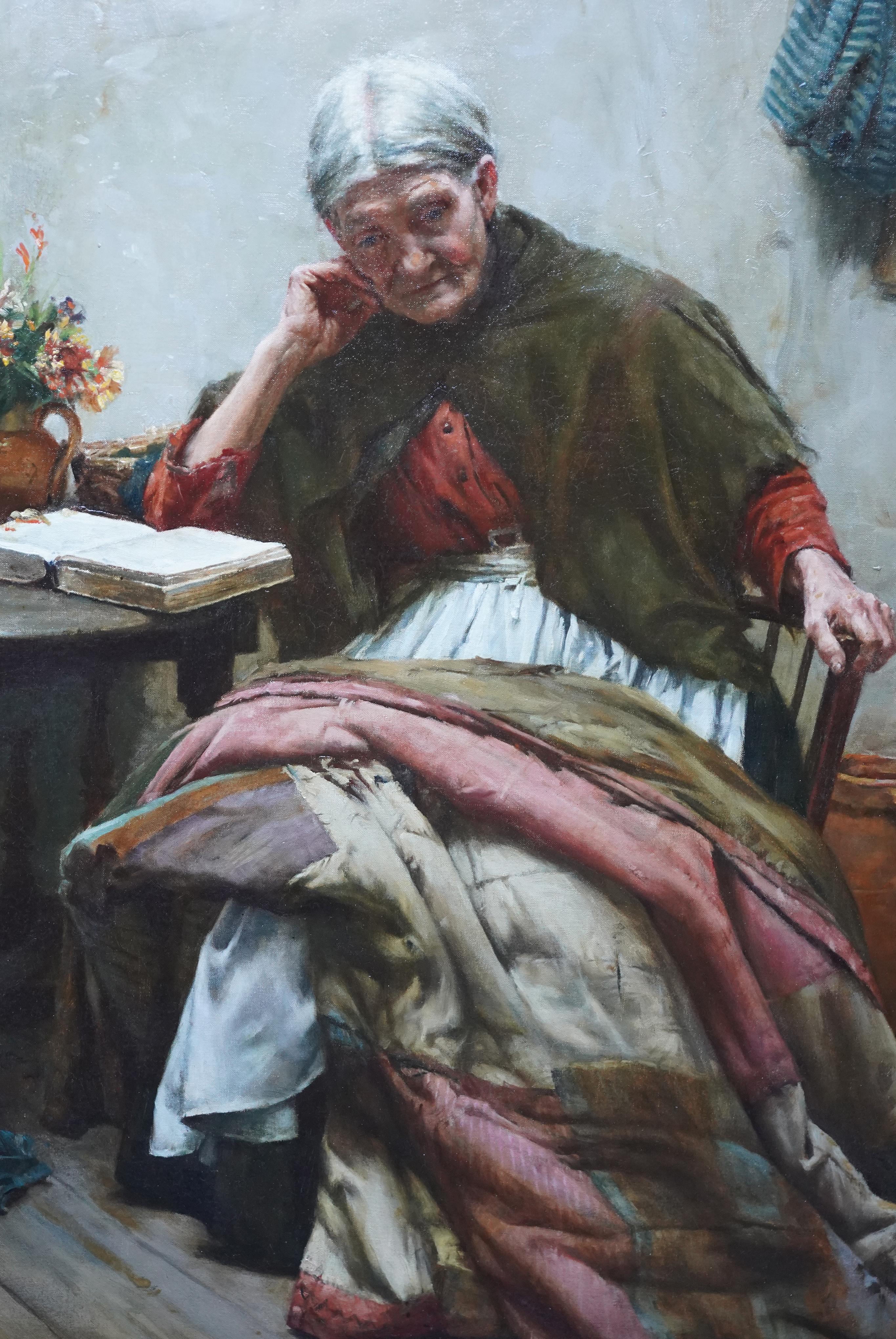 This stunning, large British Edwardian Newlyn School interior portrait oil painting is by much noted and exhibited artist Walter Langley. Originally from Birmingham, Langley and his family moved to St Ives in 1881. He was one of the first artists to