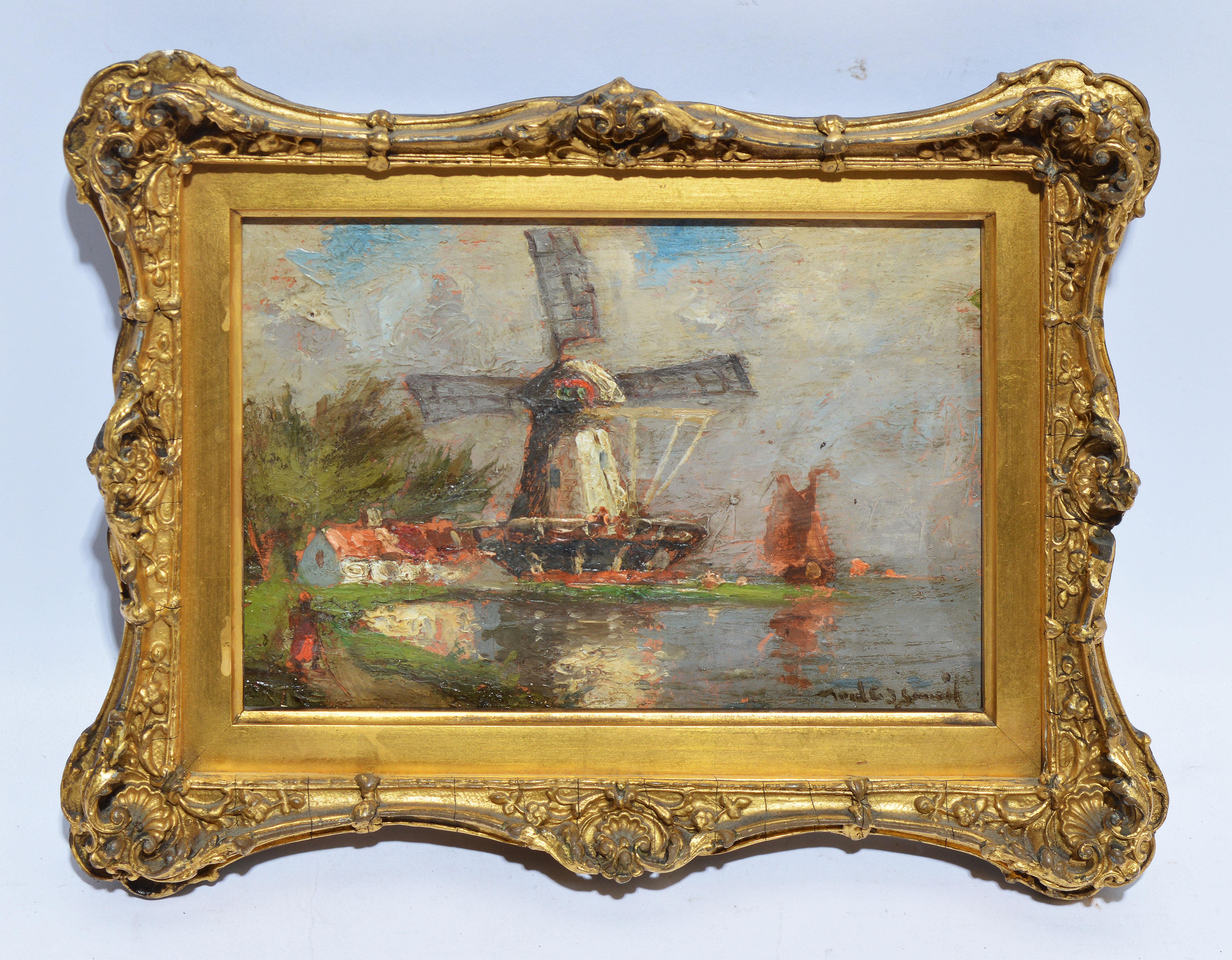 Antique American impressionist painting of a Dutch windmill by Walter Lansil  (1846 - 1925).  Oil on board, circa 1890.  Signed and located on verso.  Displayed in a giltwood frame.  Image, 8