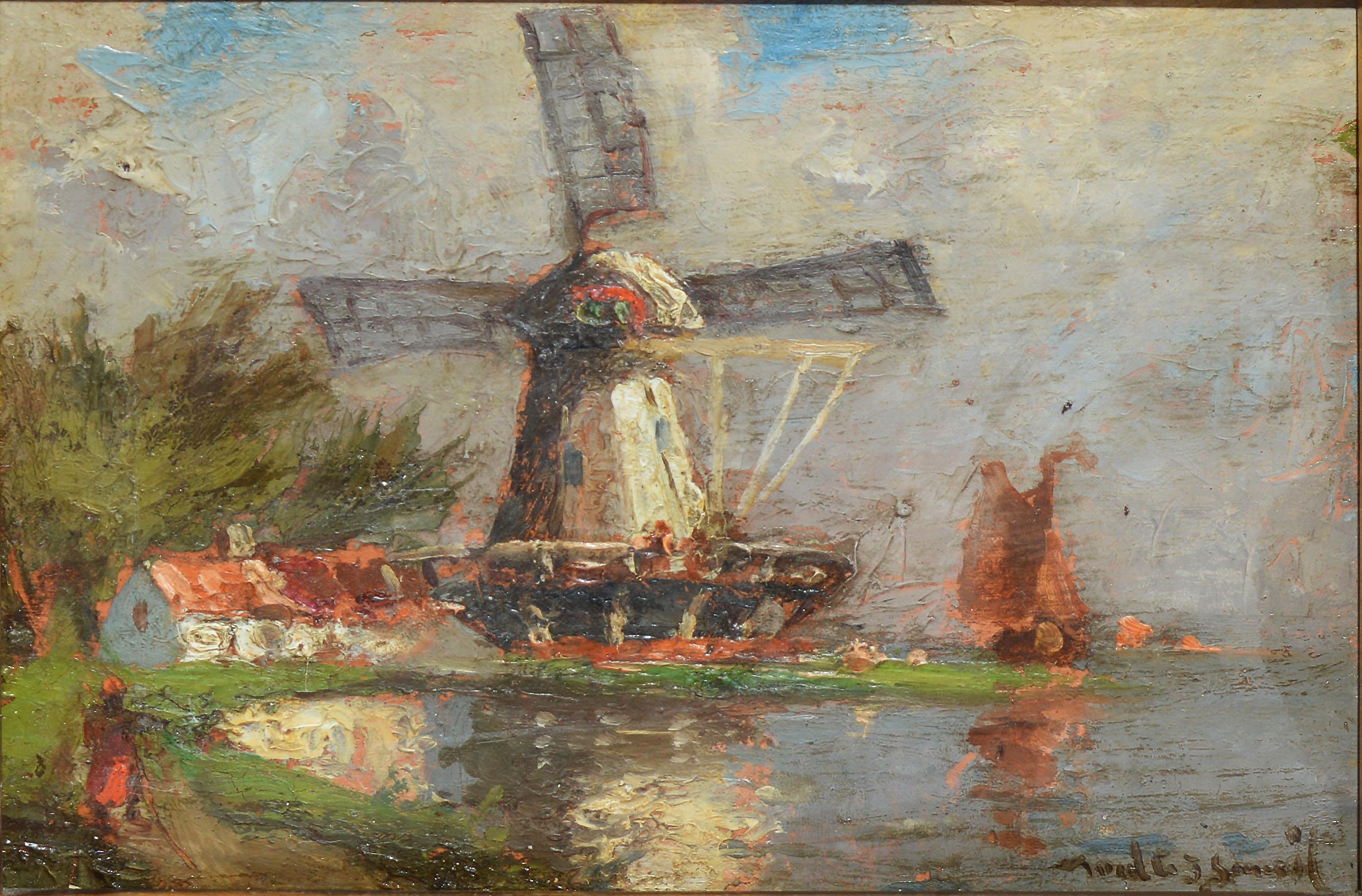 Antique Dutch Windmill Landscape Oil Painting with Figures by Walter Lansil 1