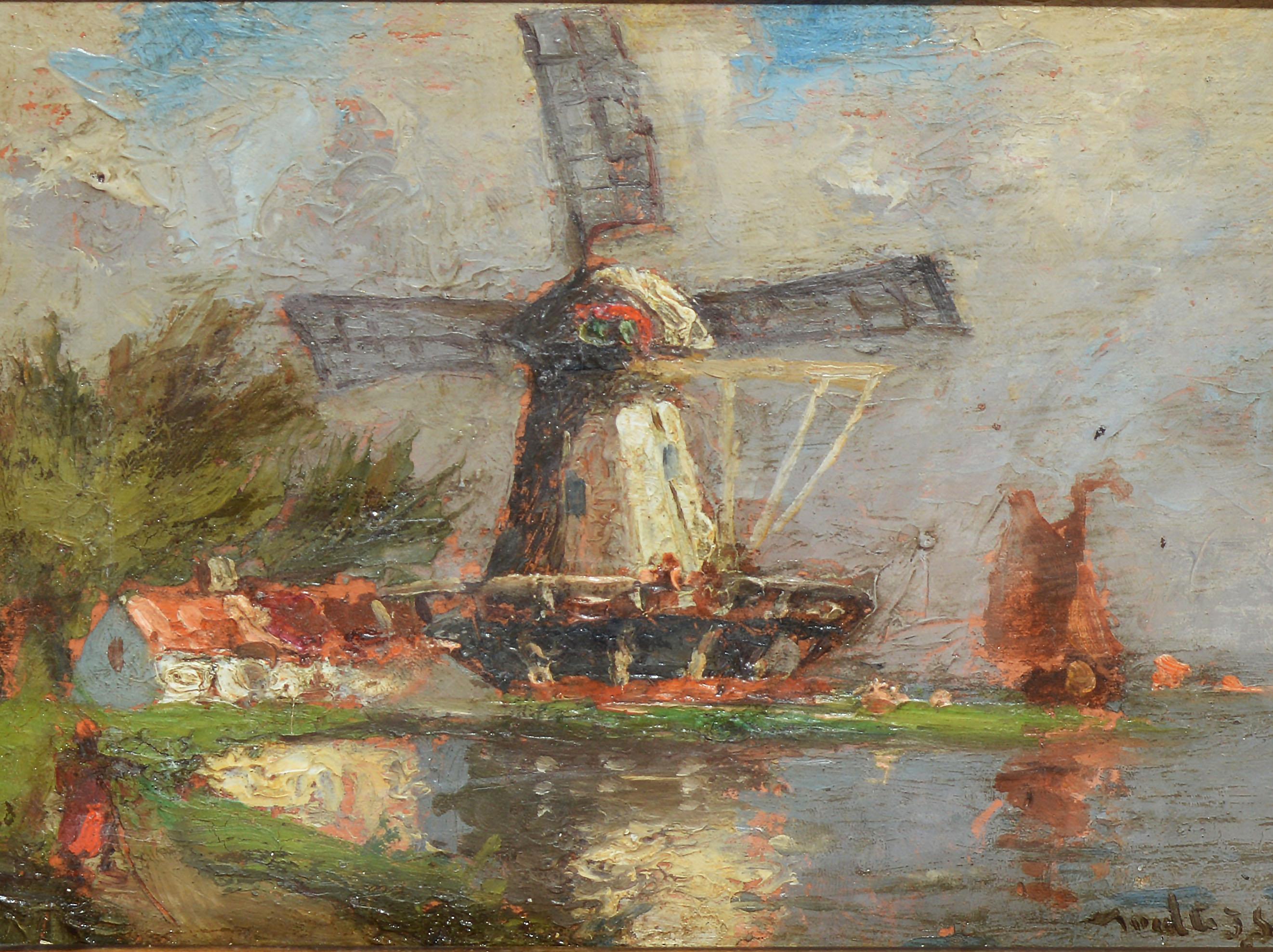 Antique Dutch Windmill Landscape Oil Painting with Figures by Walter Lansil 2