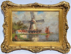 Antique Dutch Windmill Landscape Oil Painting with Figures by Walter Lansil