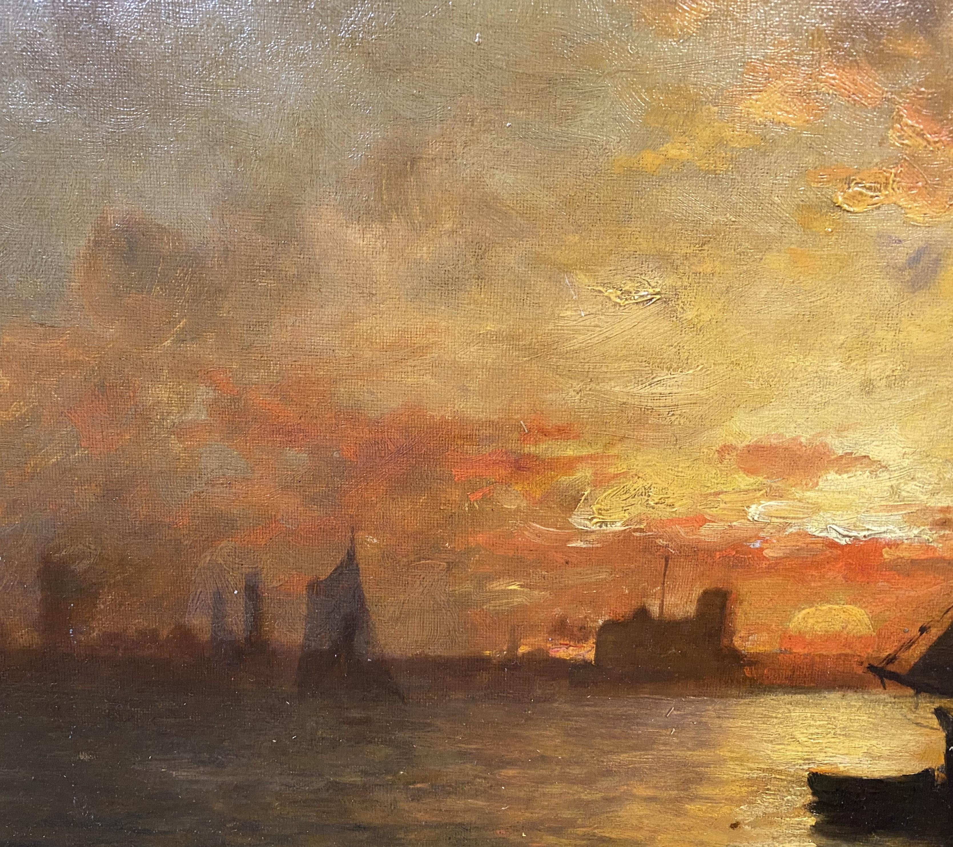 Un bel dipinto di tramonto marino a Venezia dell'artista americano Walter Franklin Lansil (1846-1925). Walter è nato a Bangor, nel Maine, ed è stato un pittore marittimo di velieri, spesso in ambientazioni veneziane. An He lavorava in uno stile