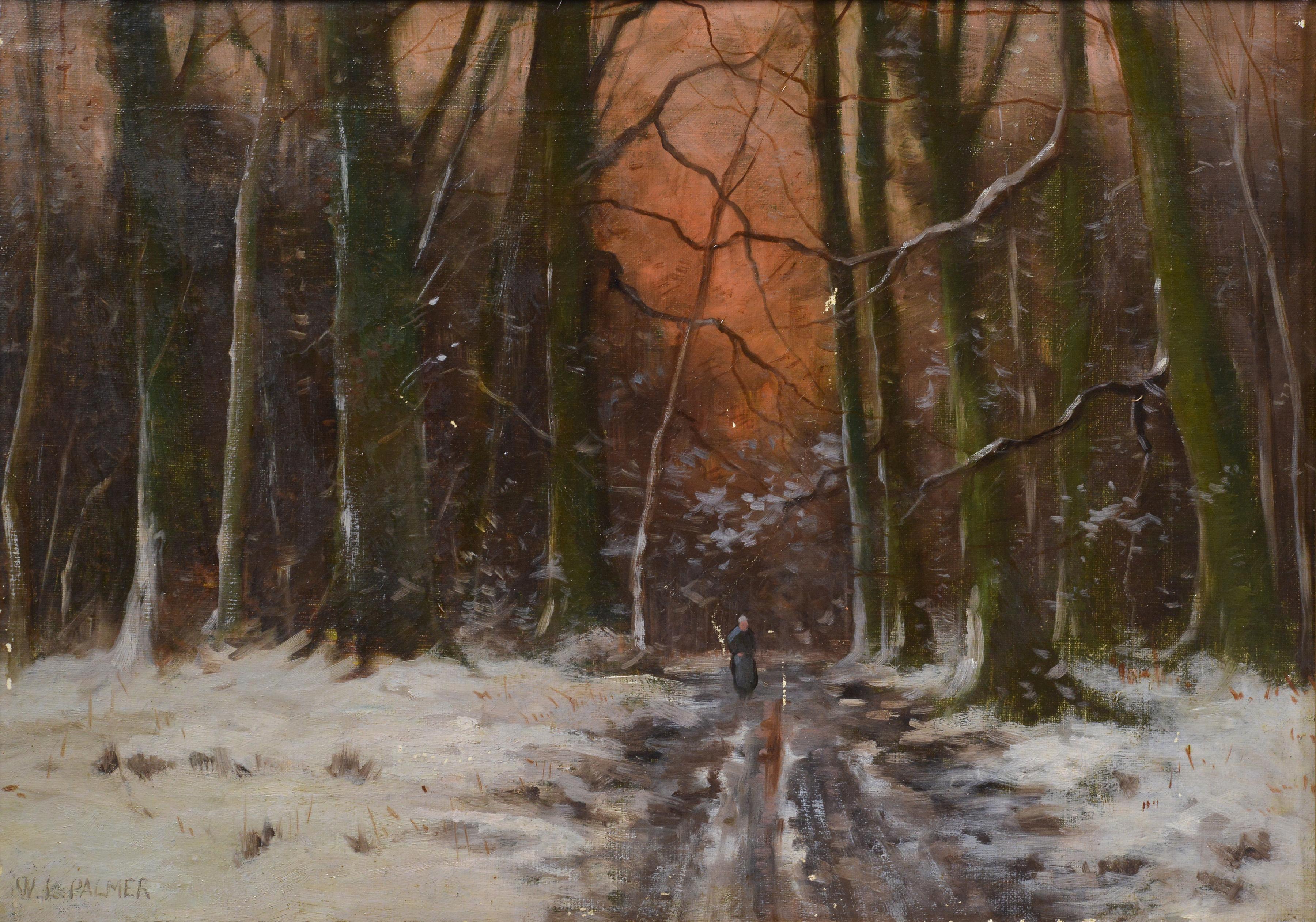 Antico dipinto ad olio di paesaggio invernale impressionista americano firmato e incorniciato - Painting di Walter Launt Palmer