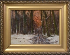 Antico dipinto ad olio di paesaggio invernale impressionista americano firmato e incorniciato