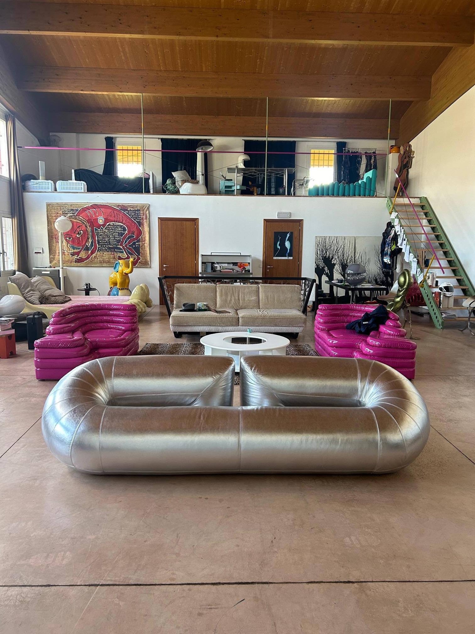 Rare Zeppelin sofa designed by Walter Leeman in the seventies for Velda and produced in 20 copies. The sofa, thanks to its monumental dimensions and seamless tubular structure, makes it sculptural and predominant in any environment. The sage green