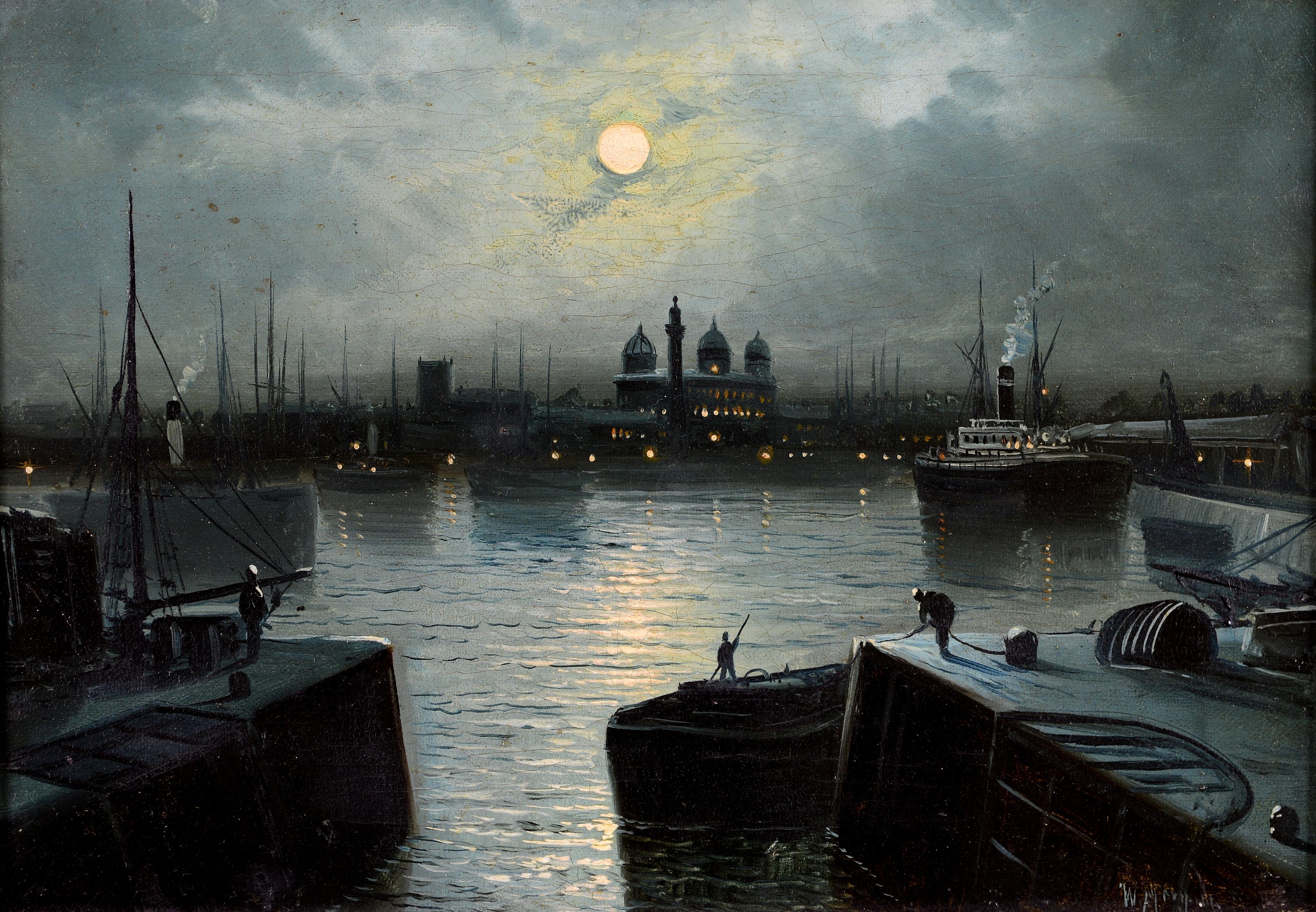Moonlit River Landscape - Antique 19th Century English Oil on Canvas Painting (Beige), Landscape Painting, von Walter Linsley Meegan