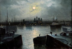 Moonlit River Landscape - Antique 19th Century English Oil on Canvas Painting