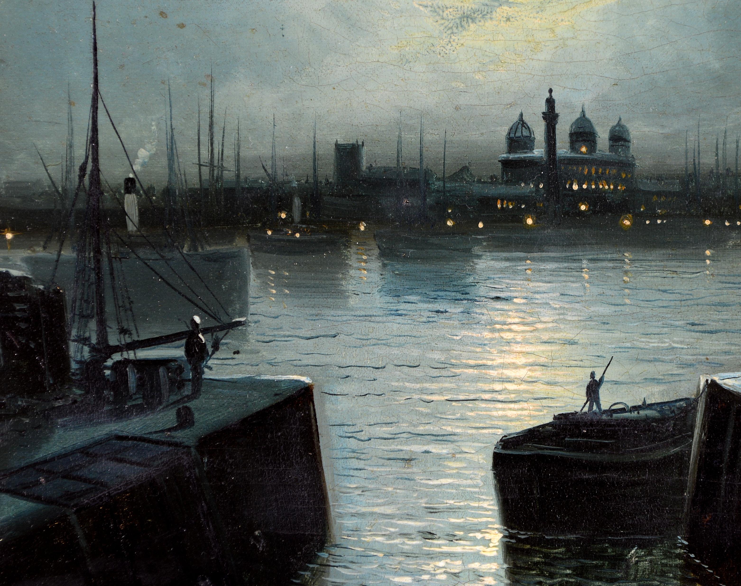 A beautiful late 19th century oil on canvas depicting a moonlit river landscape with figures in the foreground, by Walter LInsley Meegan.

Superb signed work by this popular English painter who was a student of John Atkinson Grimshaw.

Signed lower