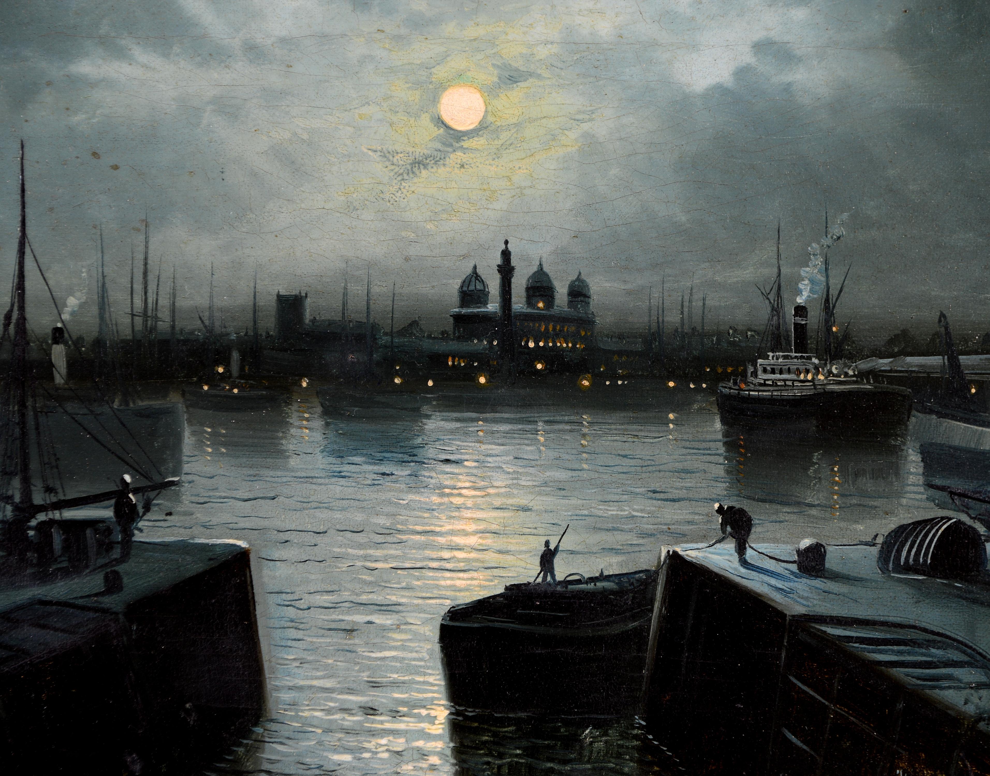Moonlit River Landscape - Antique 19th Century English Oil on Canvas Painting im Angebot 1