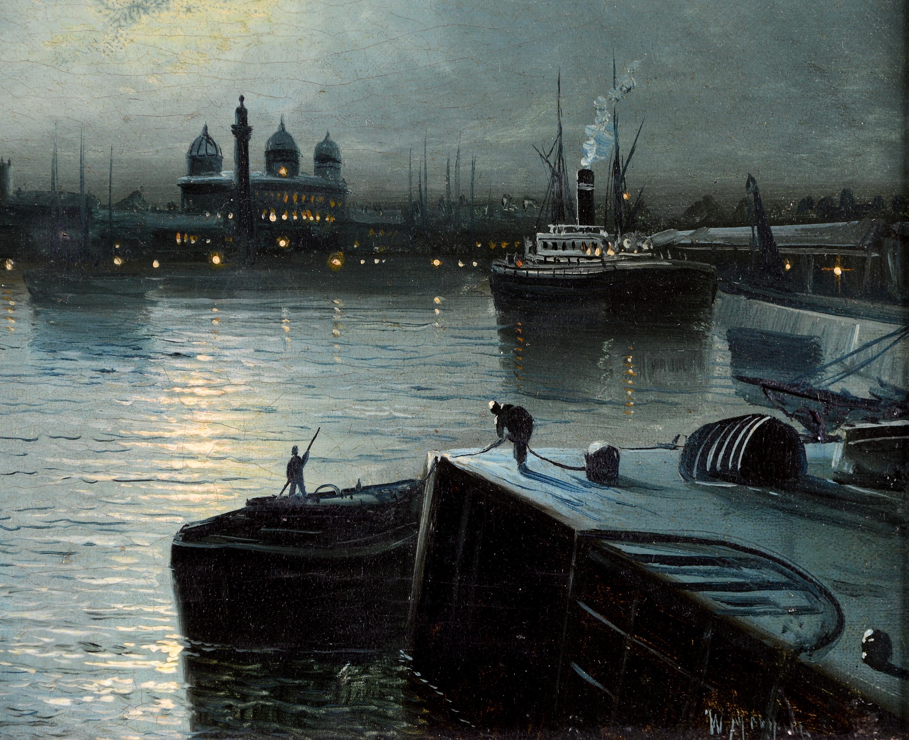 Moonlit River Landscape - Antique 19th Century English Oil on Canvas Painting im Angebot 3