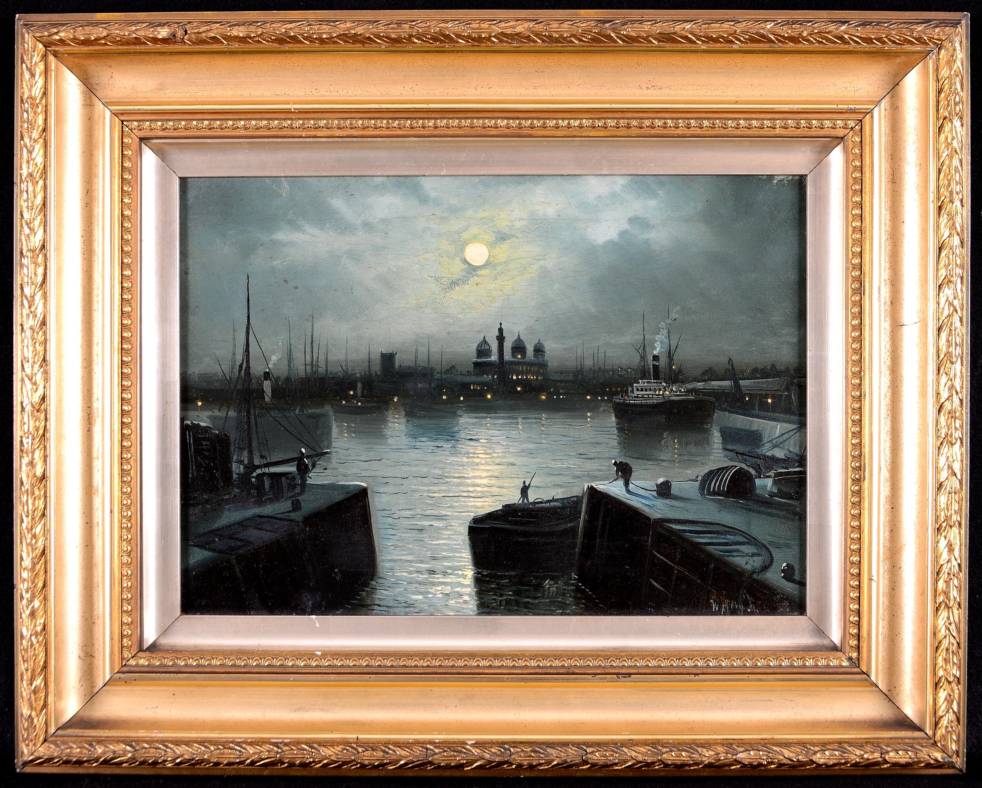 Moonlit River Landscape - Antique 19th Century English Oil on Canvas Painting