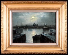 Moonlit River Landscape - Antique 19th Century English Oil on Canvas Painting