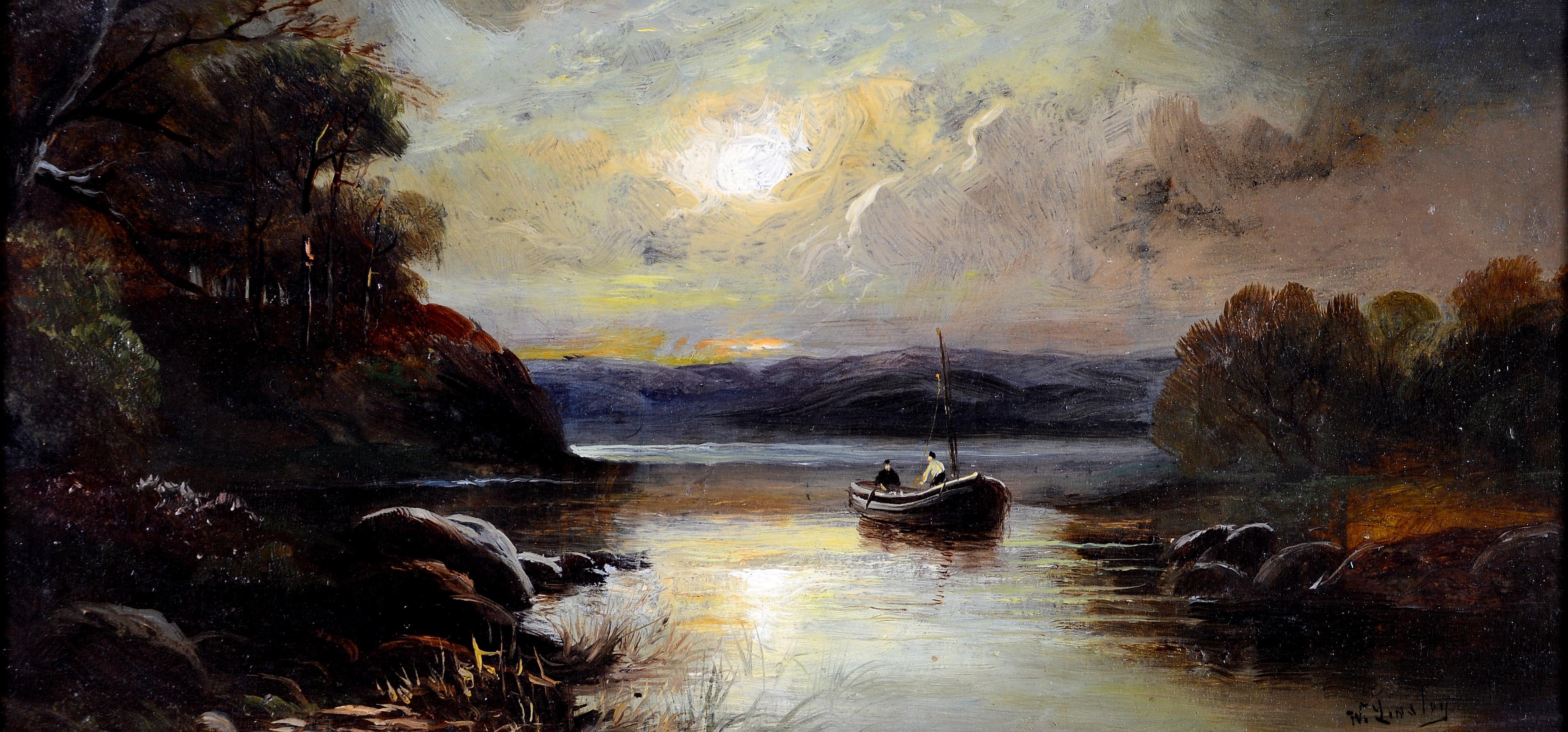 River Sunrise - Peinture ancienne à l'huile sur panneau, paysage anglais du 19e siècle - Painting de Walter Linsley Meegan