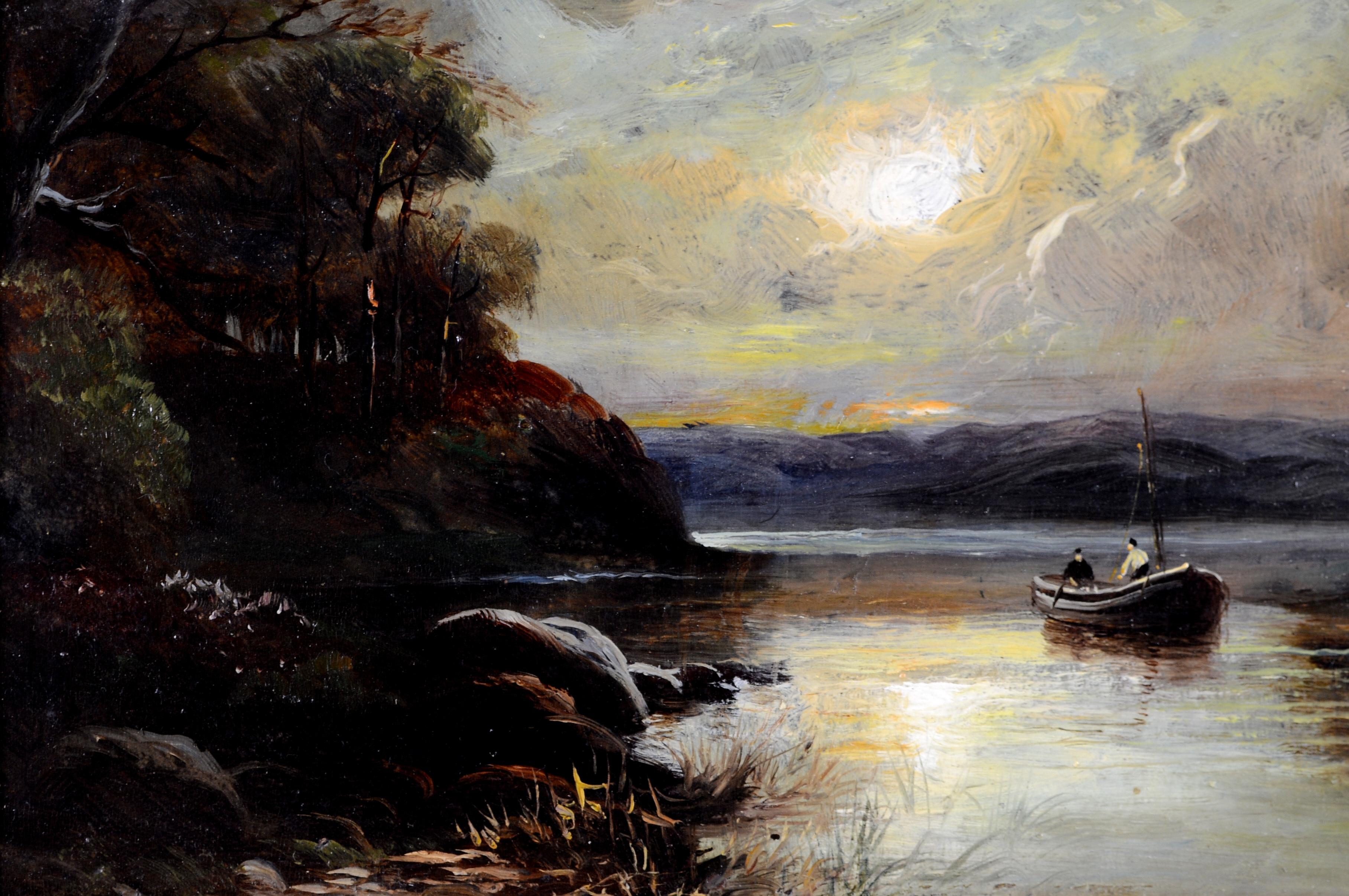 River Sunrise - Peinture ancienne à l'huile sur panneau, paysage anglais du 19e siècle - Marron Landscape Painting par Walter Linsley Meegan