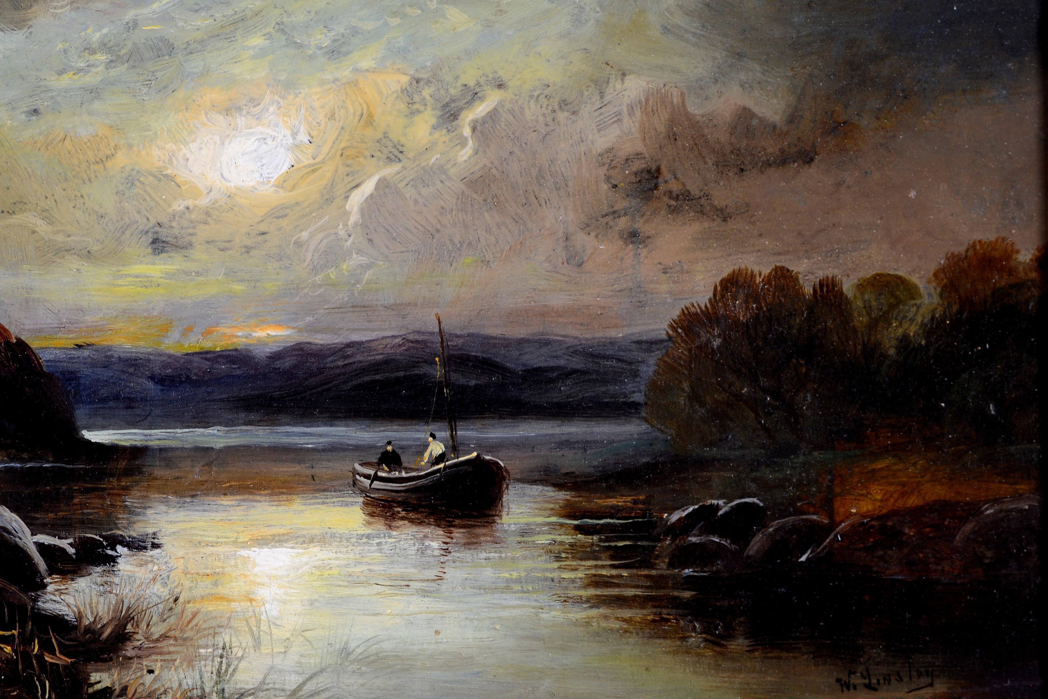 Magnifique huile sur panneau de la fin du XIXe siècle représentant une rivière au lever du soleil avec des personnages dans une barque, par Walter LInsley Meegan.

Superbe œuvre précoce signée de ce peintre anglais populaire qui fut l'élève de John