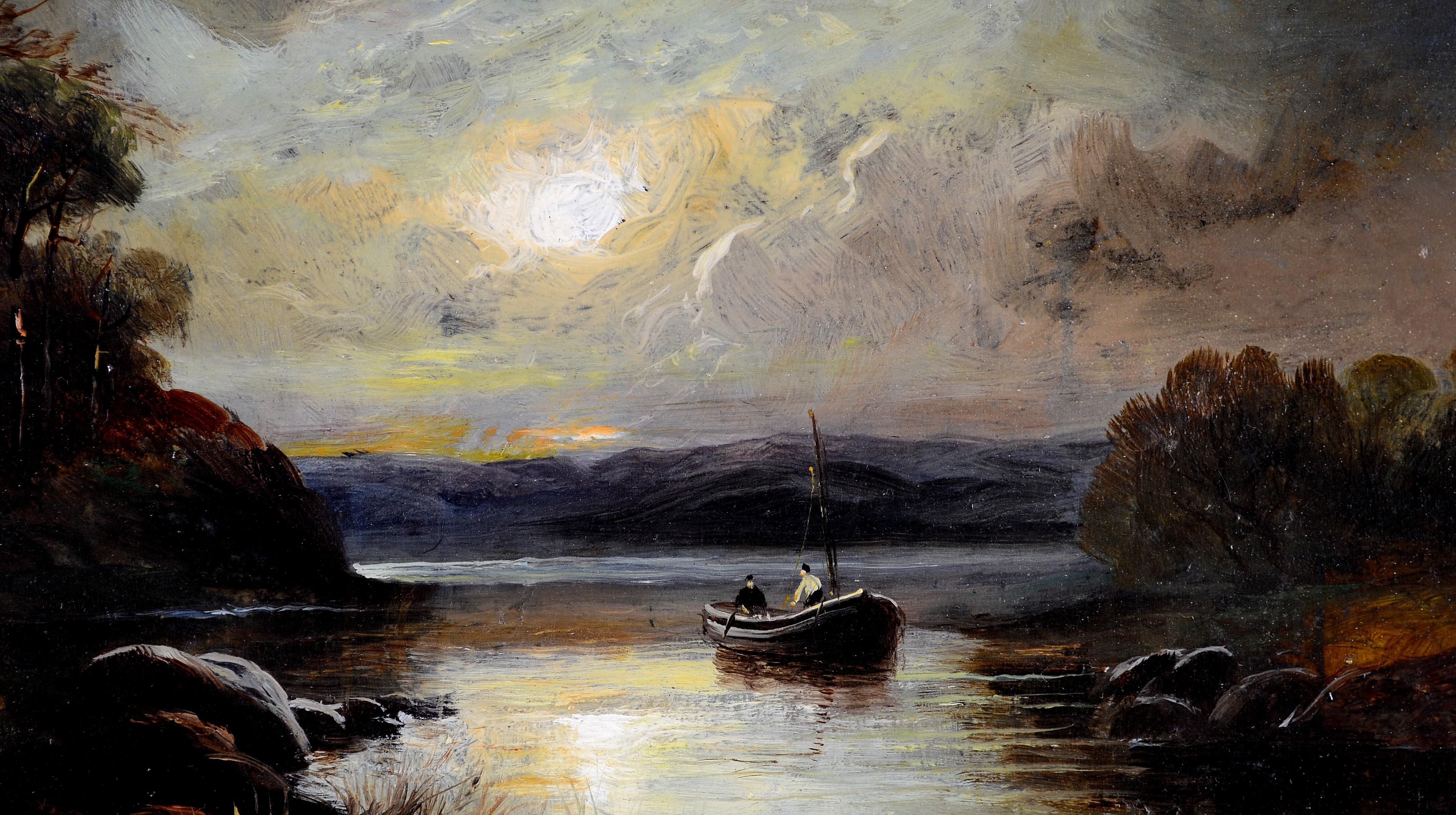 River Sunrise - Peinture ancienne à l'huile sur panneau, paysage anglais du 19e siècle en vente 1