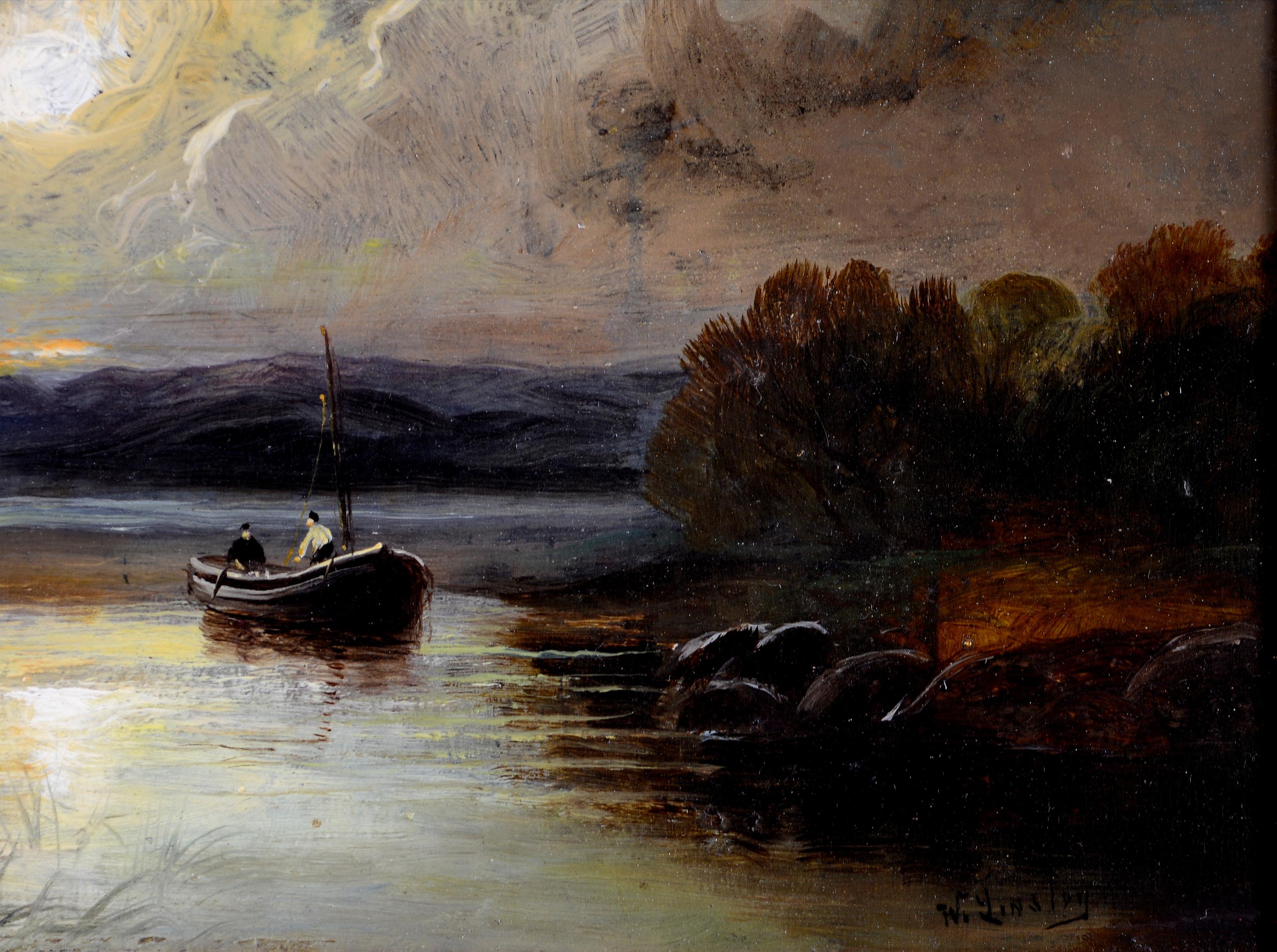 River Sunrise - Peinture ancienne à l'huile sur panneau, paysage anglais du 19e siècle en vente 2