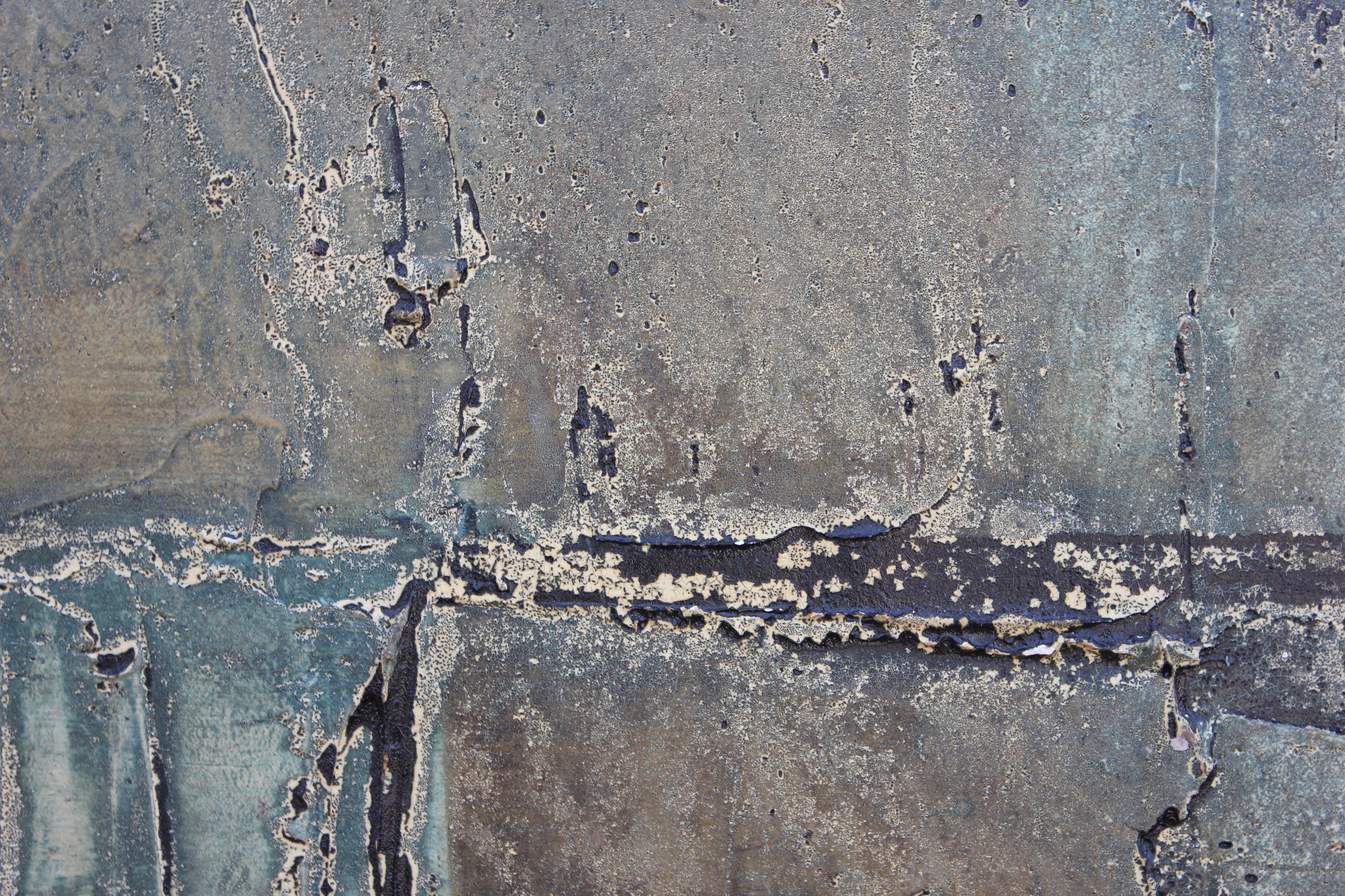 Expressionist earth toned painting with mainly green tones. Painting is on a panel and paint is applied in a thick layering manner most likely done with a palette knife. Painting is not framed but the sides of the work are painted a nice dark color.