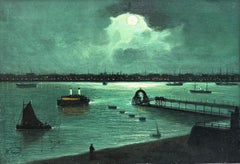 'Moonlight on the Thames' oil on canvas by Walter Meegan