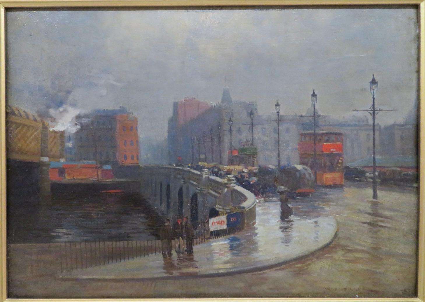 Original early 20th Century SCOTTISH Oil Painting JAMAICA BRIDGE GLASGOW - Gray Landscape Painting by Walter Miller 