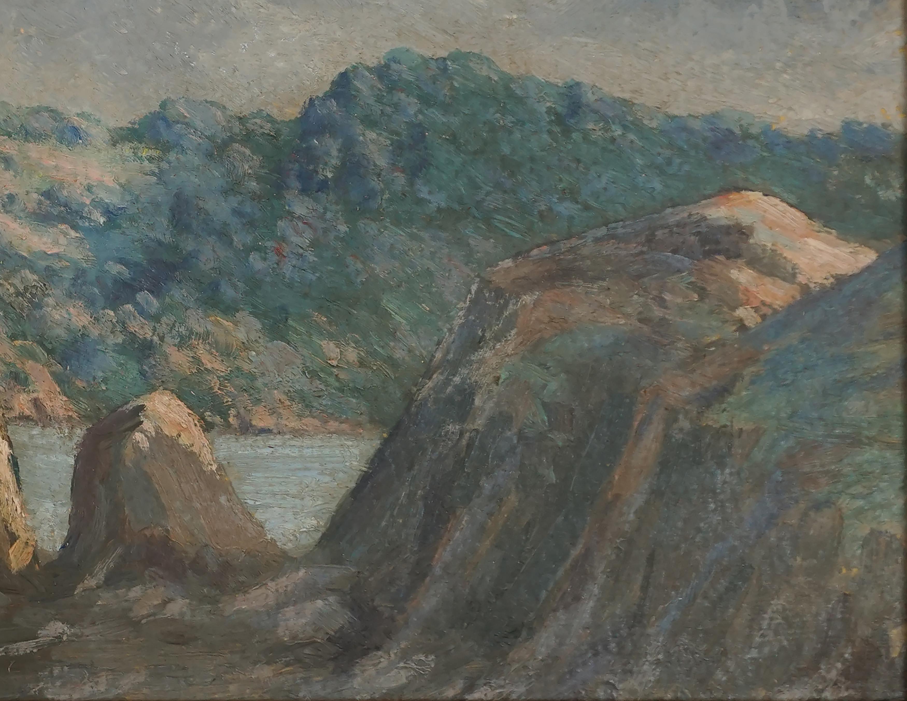 Paysage de rivière américain en plein air de Walter F Mire, Californie, milieu du 20e siècle - Marron Landscape Painting par Walter Mire