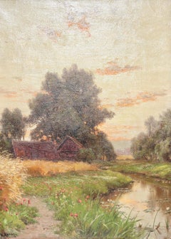 Painting, circa 1890, oil on canvas. "Dusk / Twilight" - River Landscape
