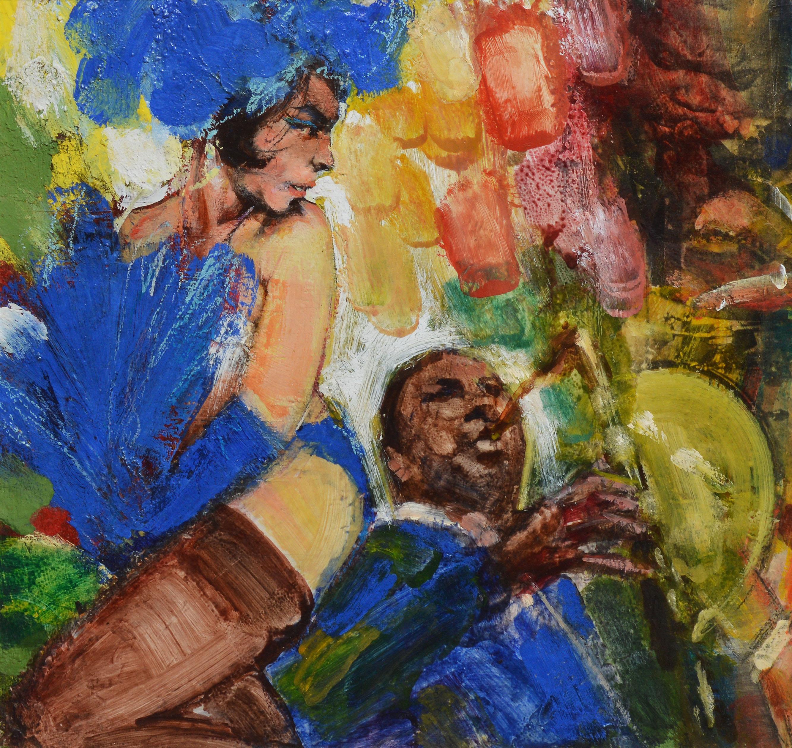 Modernist view of a Mardi Gras party in New Orleans by Walter Moskow  (1931 - 2013).  Oil on board, circa 1960.  Signed.  Displayed in a period frame.  Image size, 20