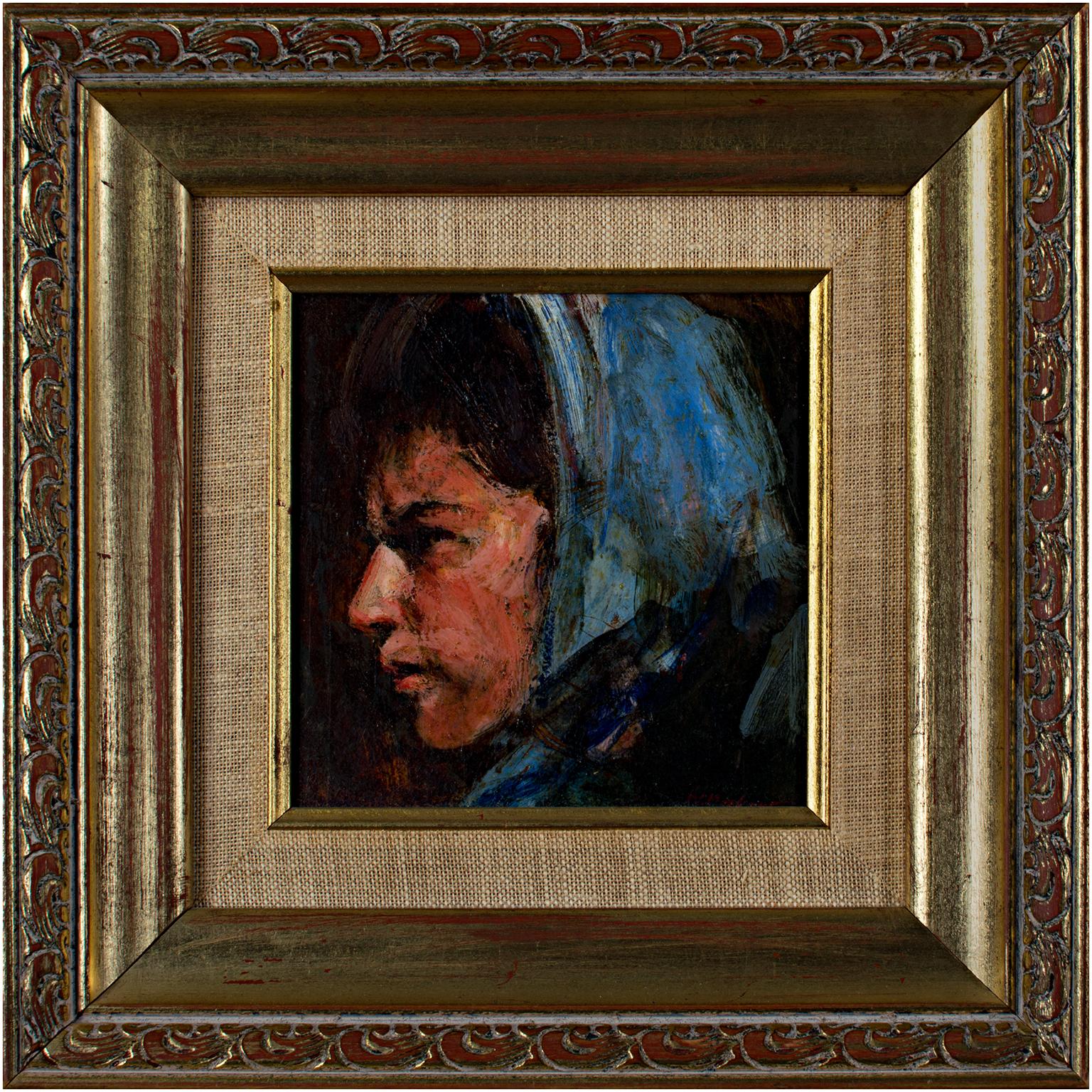 « Portrait d'une femme de profil », peinture à l'huile sur panneau signée Walter Moskow en vente 4