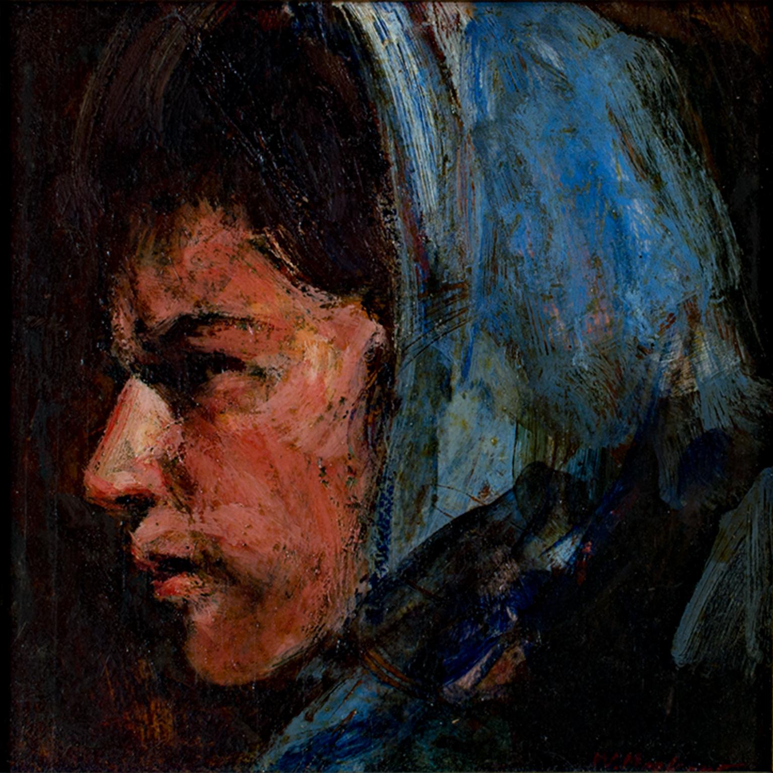 "Portrait of a Woman in Profile" ist ein Original-Ölgemälde auf Karton von Walter Moskow. Der Künstler hat das Werk unten rechts signiert. Dieses Kunstwerk zeigt eine Frau mit einem blauen Kopftuch in einer einzigartigen Profilpose. Mit einem Preis
