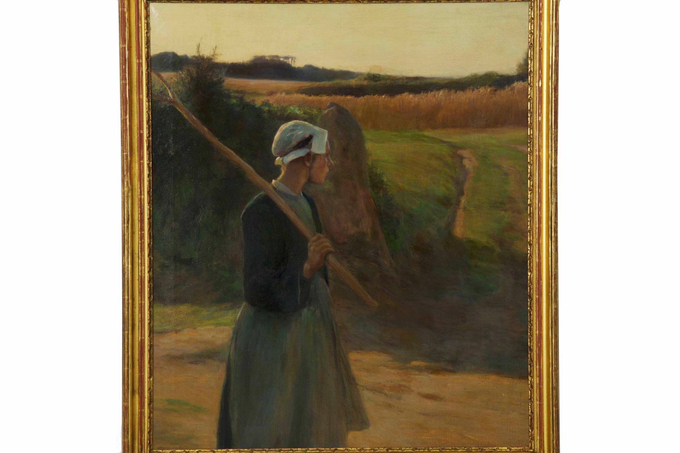 This is a fine painting by Walter Eben Nettleton capturing a peasant girl looking over the fields of wheat at the end of the day. There is a tonalism quality to the work that allows each layer of the background to slowly meld into the next; there is