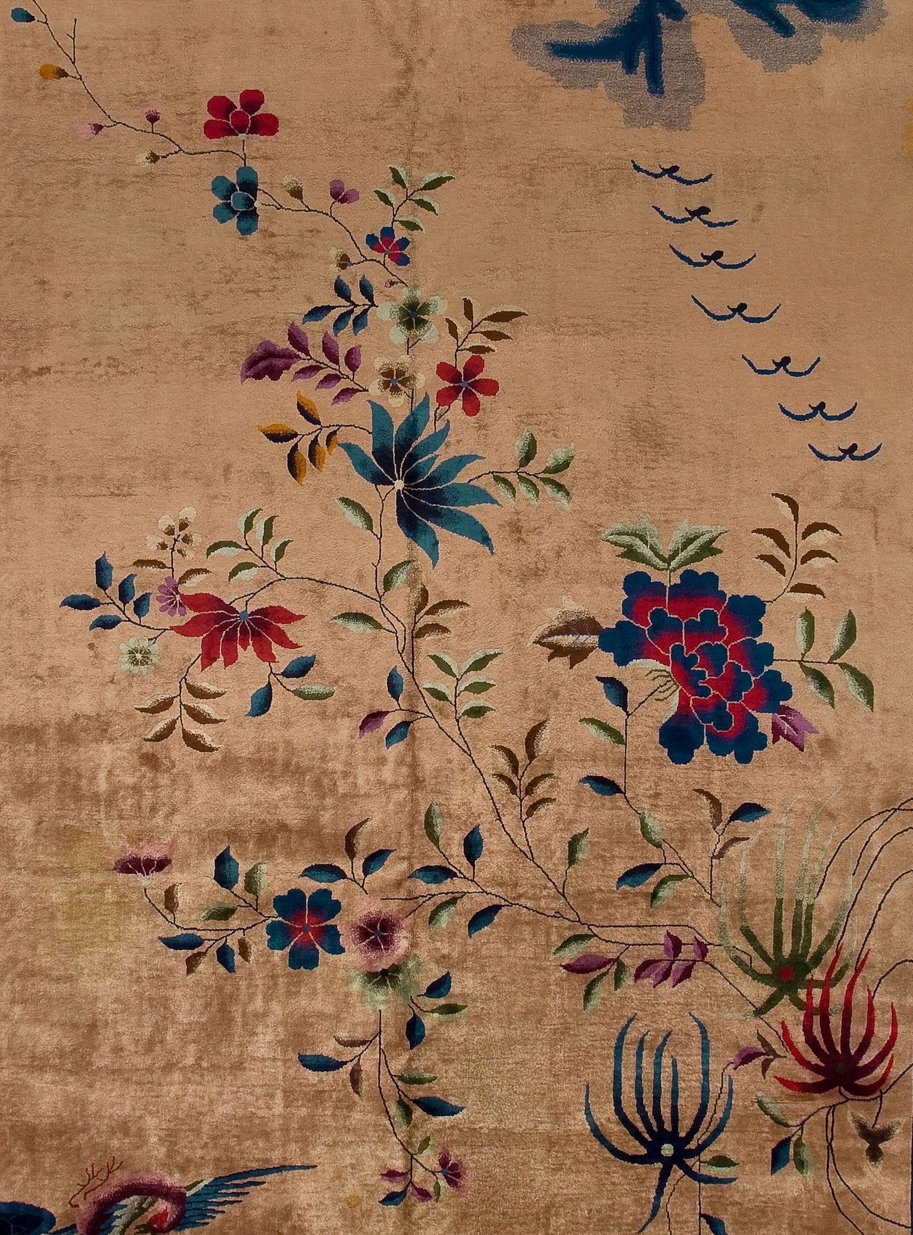 This vintage 1930s Chinese Art Deco carpet was designed by Walter Nichols was mainly during the 1920s to 1930s. These carpets were woven with solid quality wool pile and cotton foundation. The unusual particular about these carpets, outside their