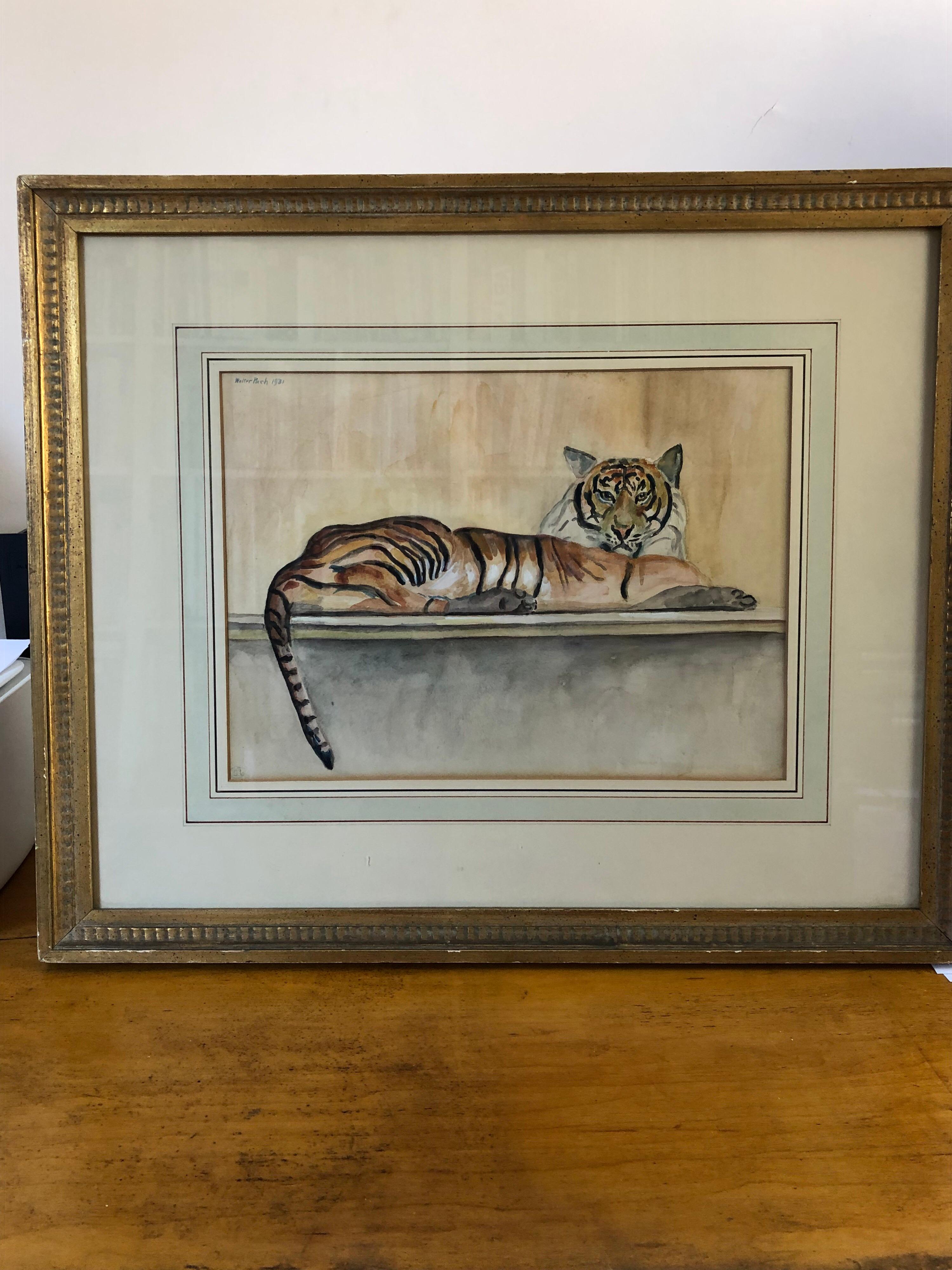 Tiger tiger burning bright! Walter Pach (1883-1958) watercolor and pencil drawing of a reclining tiger. Signed Walter Pach and dated in upper left. Inscribed '26' lower left and inscribed on the back of frame 