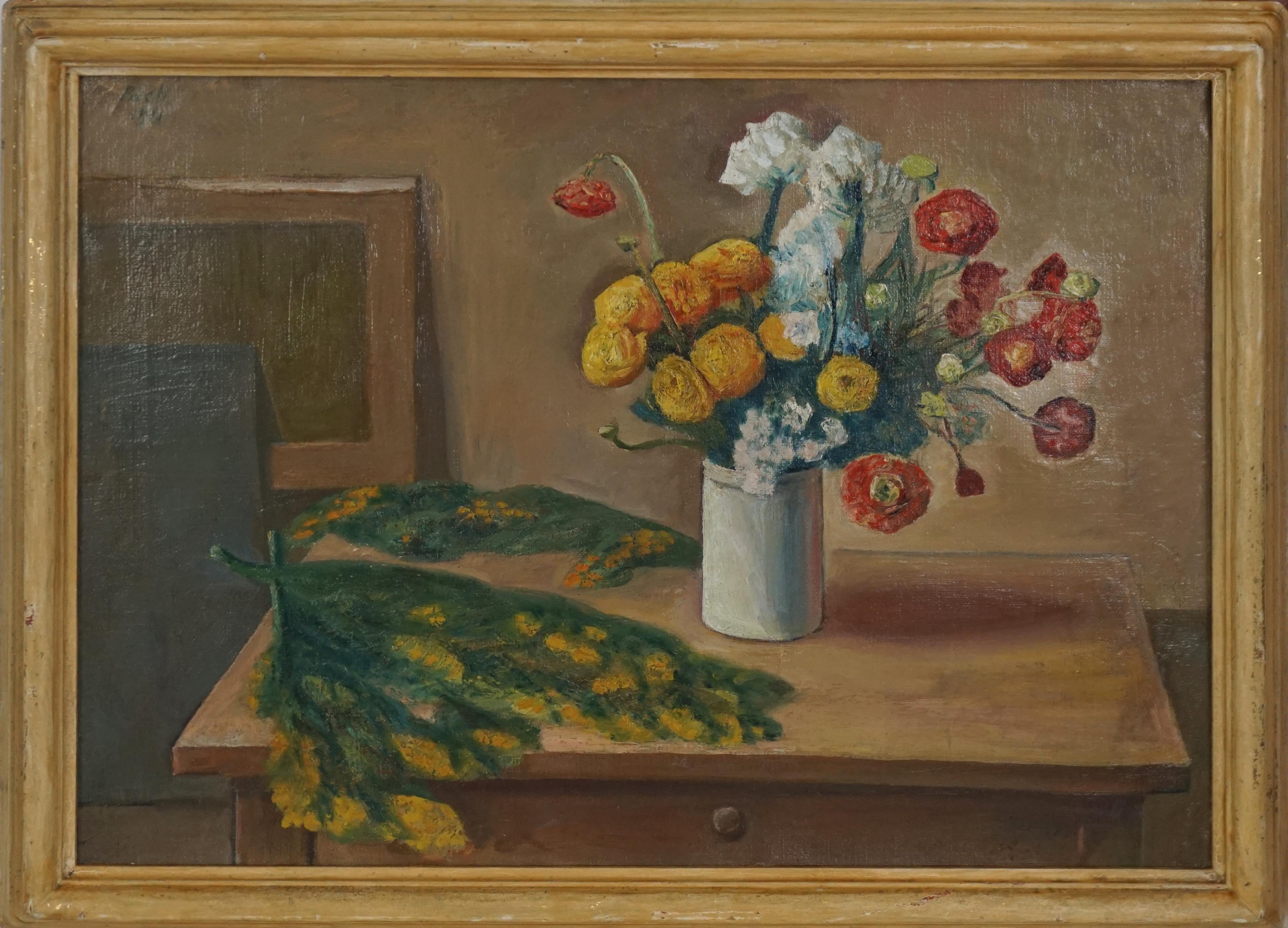 Walter Pach Still-Life Painting - 1911 Modern Floral Still Life of Ranunculus and Mustard Oil Painting on Linen